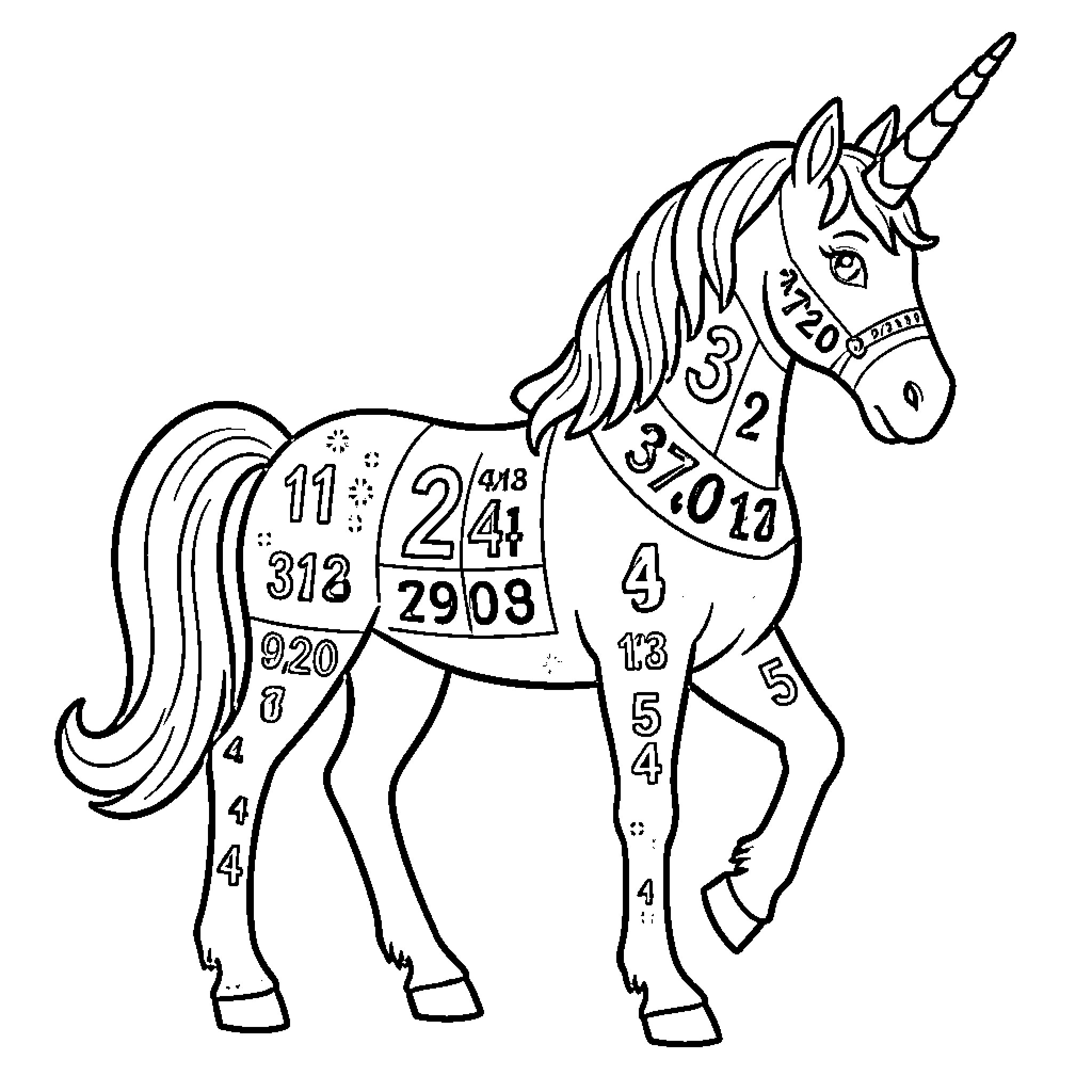 Unicorn with Intricate Patterns and Numbers Coloring Page (free black-and-white line drawing printable PDF for all, from beginners to advanced learners, including children, teens, adults, and seniors)
