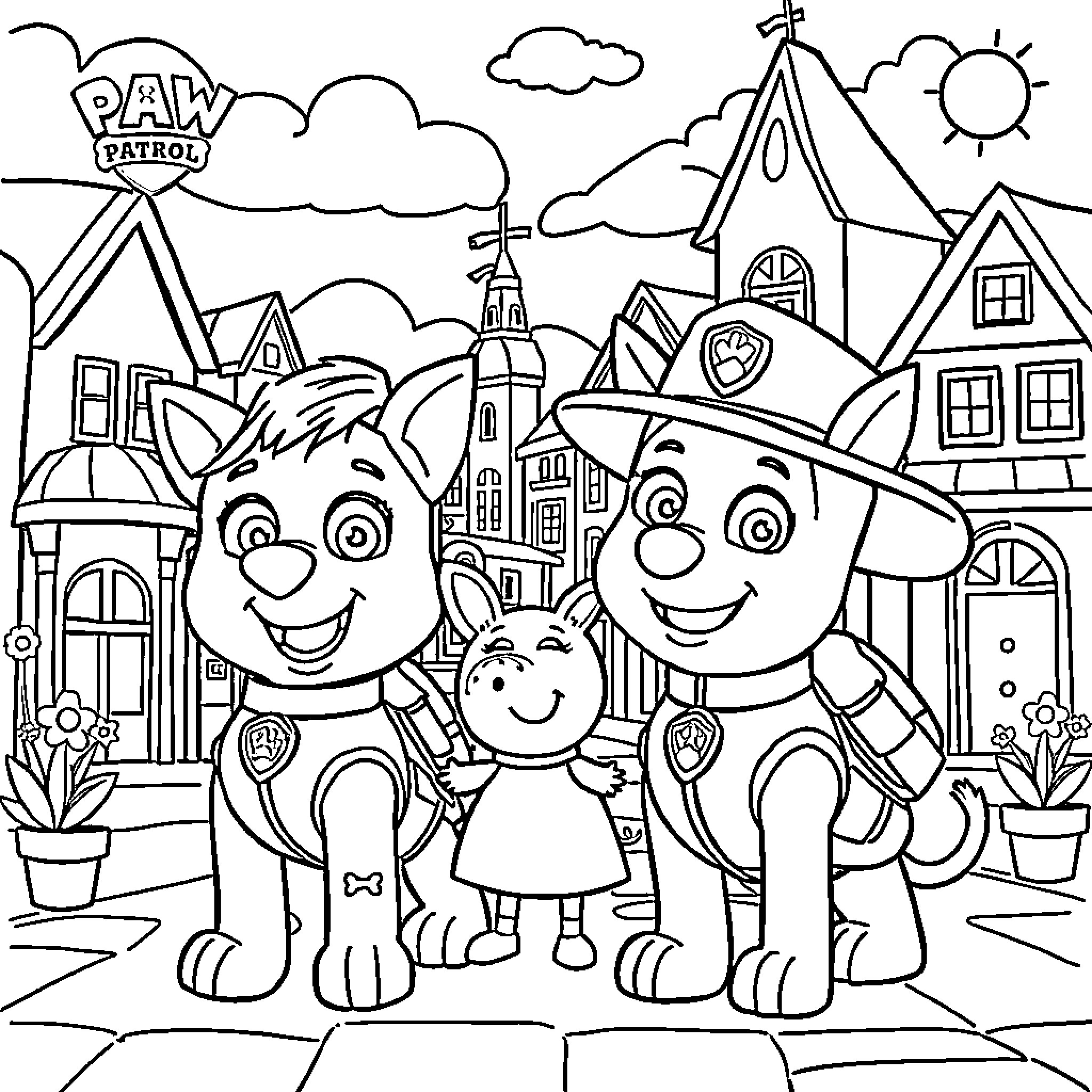 Paw Patrol characters in a town setting Coloring Page (free black-and-white line drawing printable PDF for all, from beginners to advanced learners, including children, teens, adults, and seniors)
