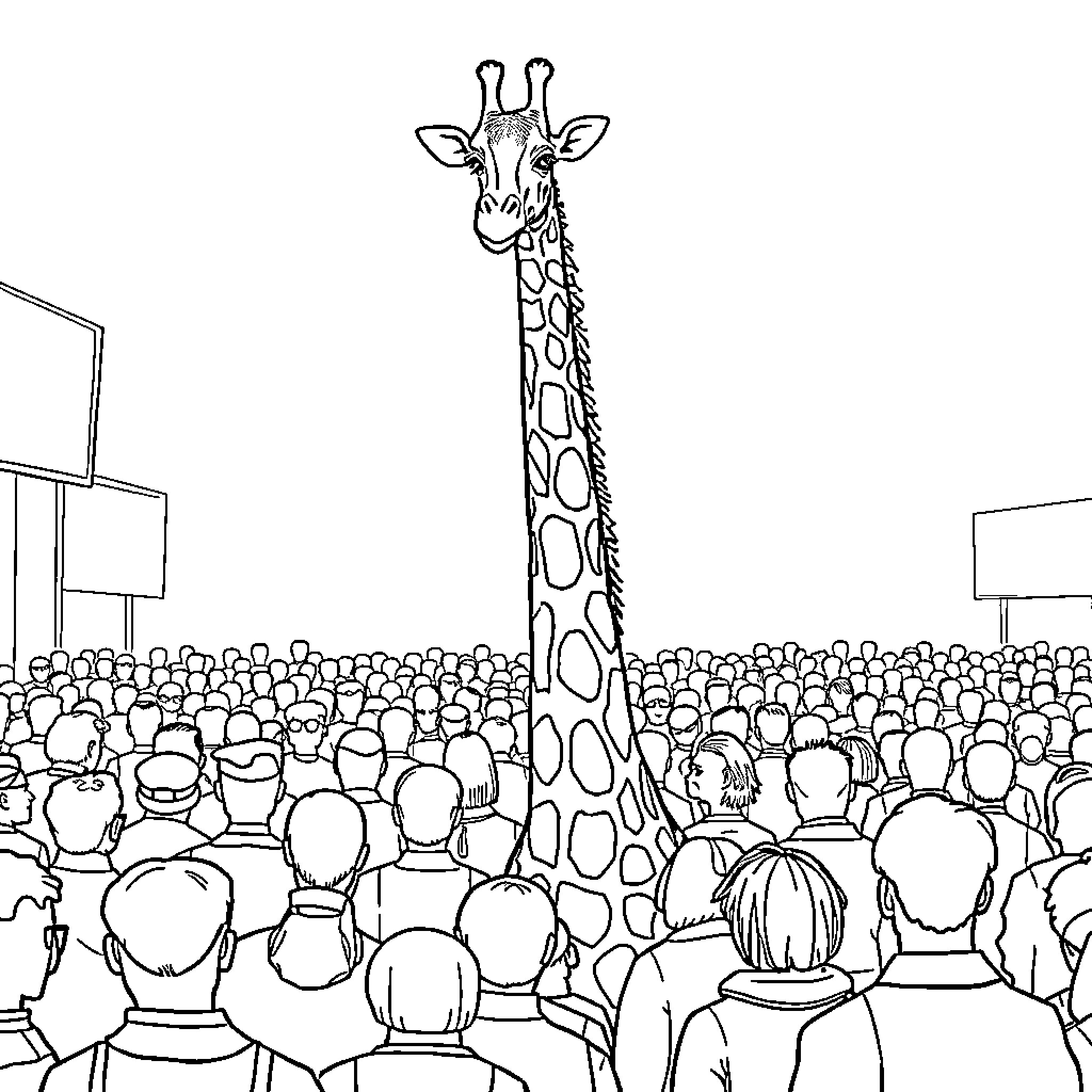 Giraffe towering over a crowded audience Coloring Page (free black-and-white line drawing printable PDF for all, from beginners to advanced learners, including children, teens, adults, and seniors)