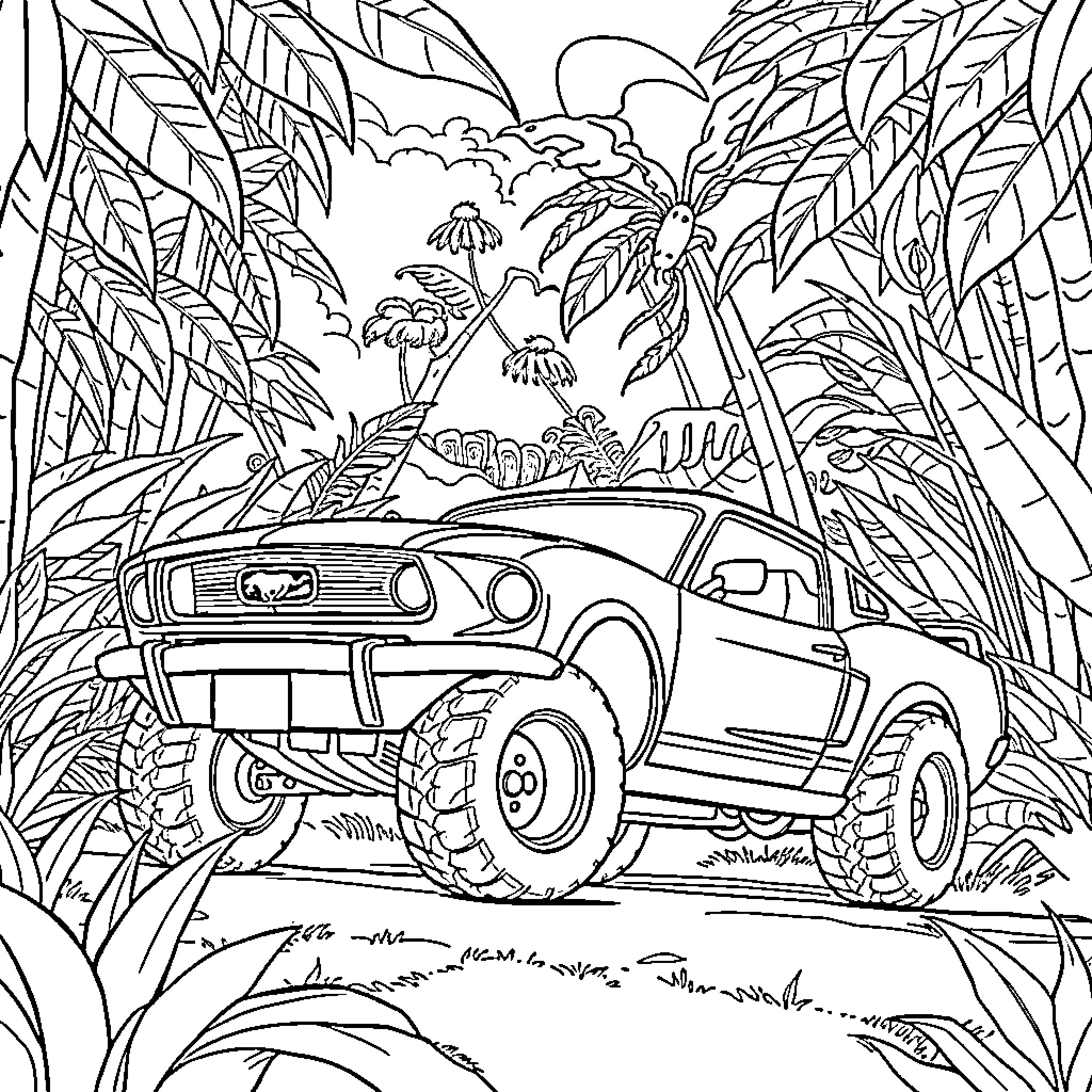 Car exploring the tropical jungle landscape Coloring Page (free black-and-white line drawing printable PDF for all, from beginners to advanced learners, including children, teens, adults, and seniors)