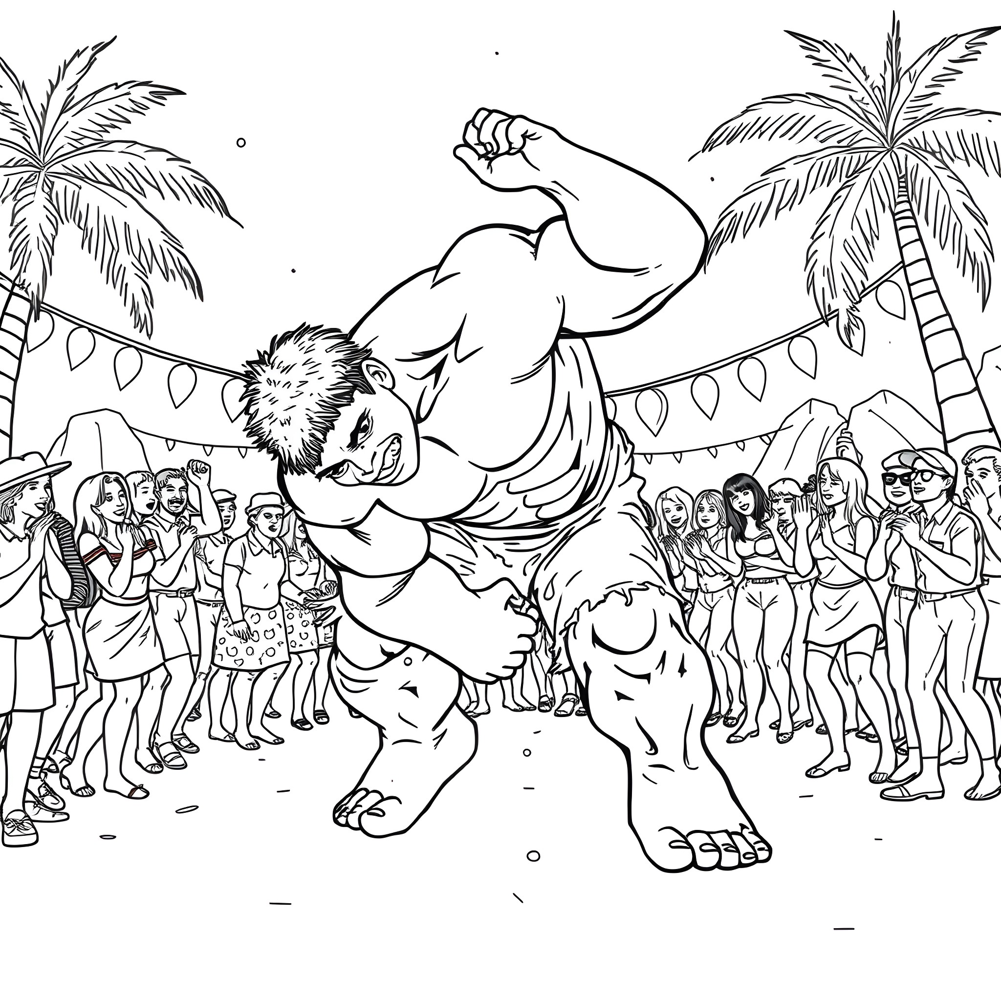 Hulk flexing muscles at beach party Coloring Page (free black-and-white line drawing printable PDF for all, from beginners to advanced learners, including children, teens, adults, and seniors)