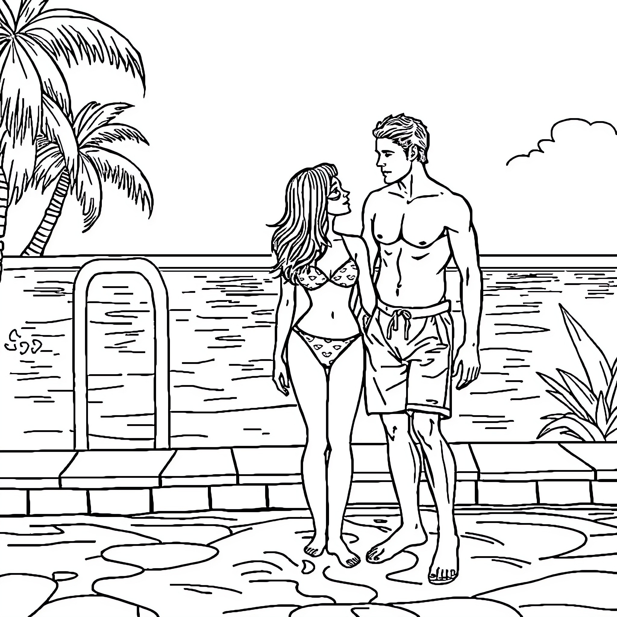 Hippo couple enjoying a day at the beach Coloring Page (free black-and-white line drawing printable PDF for all, from beginners to advanced learners, including children, teens, adults, and seniors)