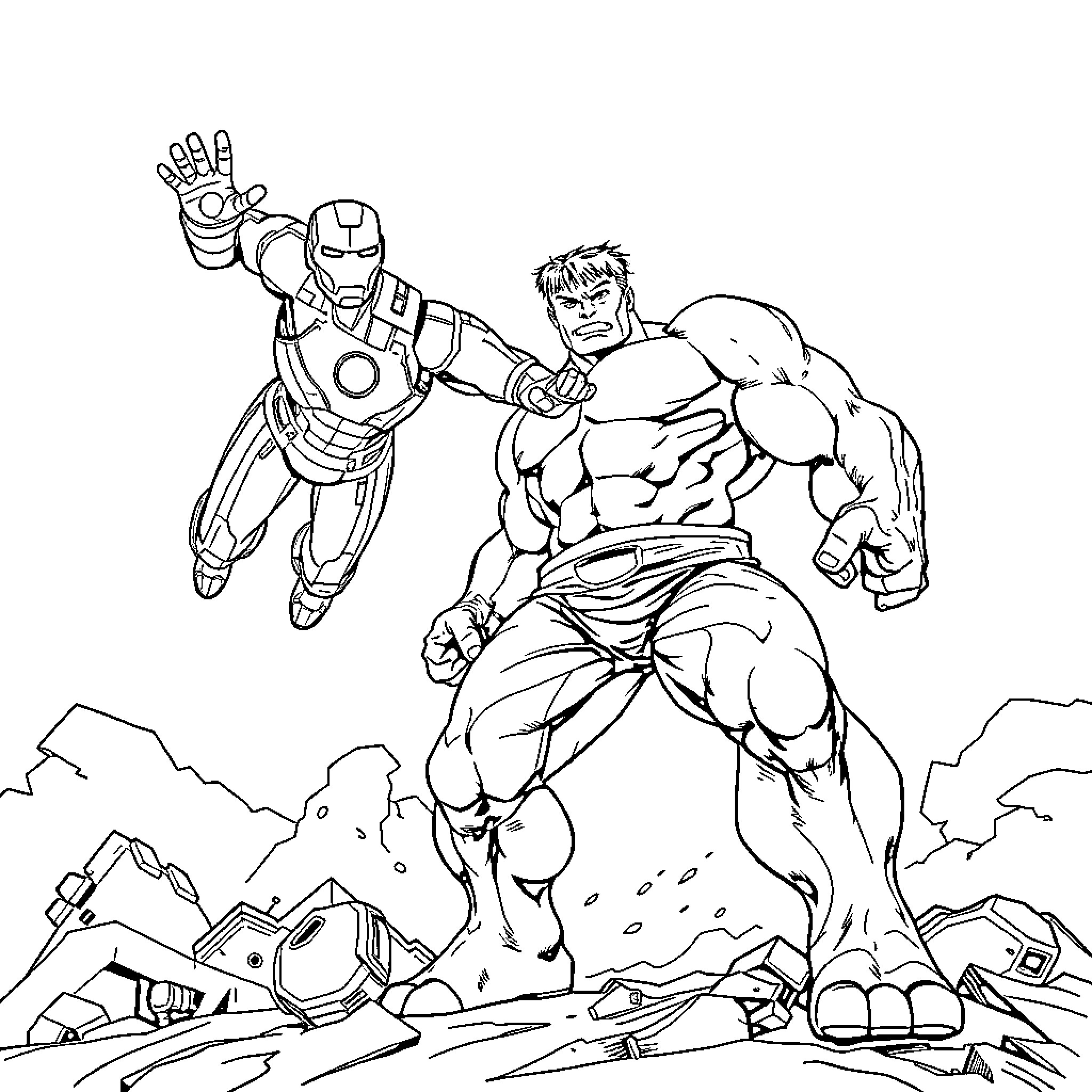 Ironman and Superhero Confrontation in Ruined Landscape Coloring Page (free black-and-white line drawing printable PDF for all, from beginners to advanced learners, including children, teens, adults, and seniors)