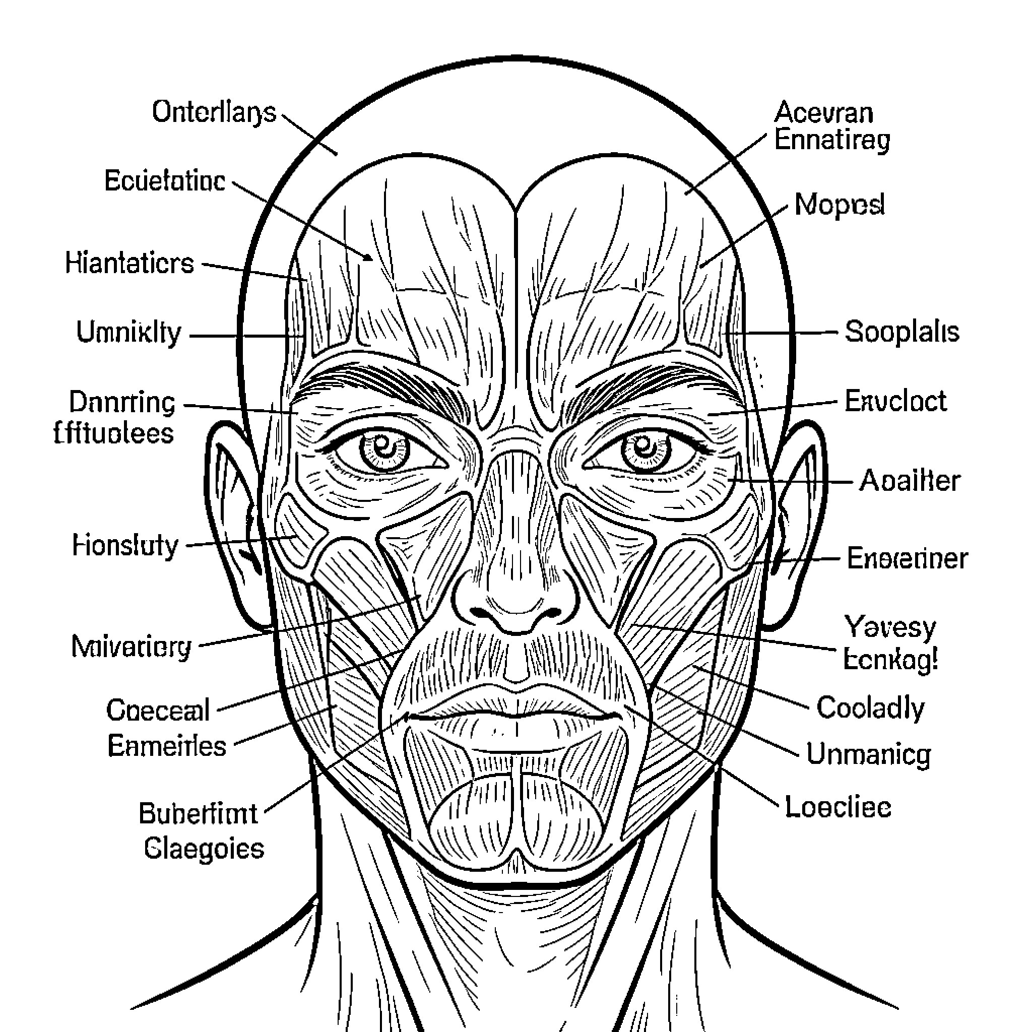Anatomy of the Human Face Muscles and Structures Coloring Page (free black-and-white line drawing printable PDF for all, from beginners to advanced learners, including children, teens, adults, and seniors)