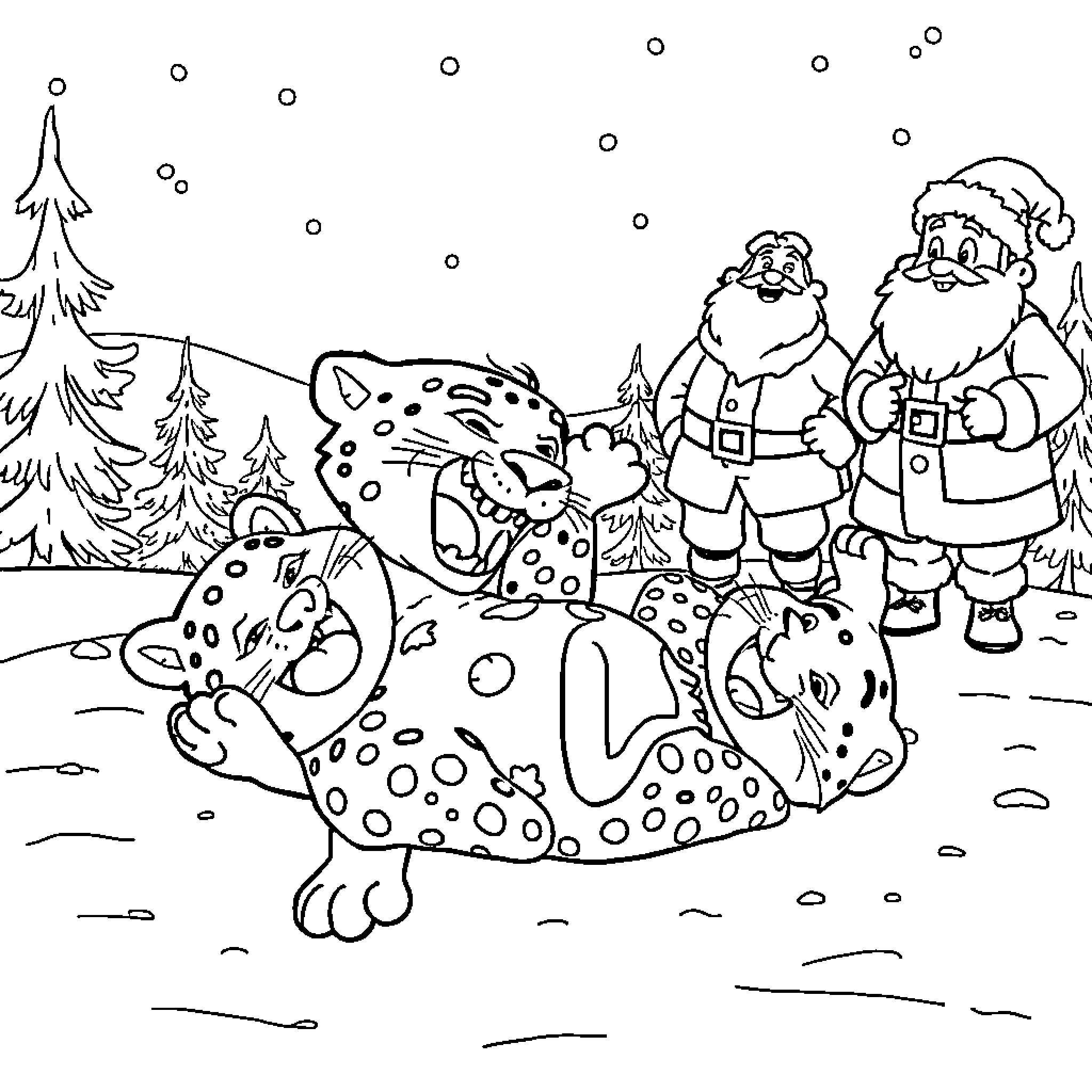 Snow Leopard Enjoying Winter Wonderland with Santa Coloring Page (free black-and-white line drawing printable PDF for all, from beginners to advanced learners, including children, teens, adults, and seniors)