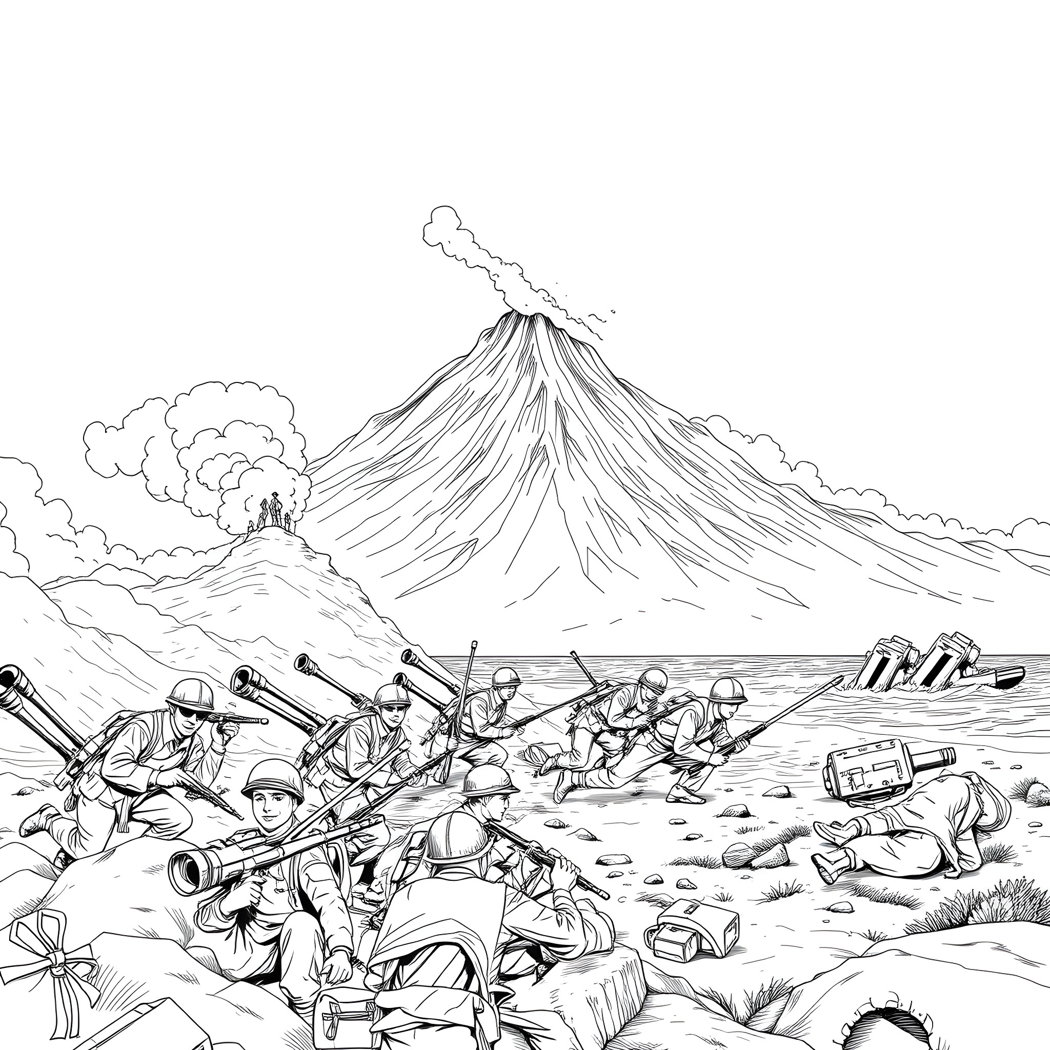 Iwo Jima: Soldiers engaged in intense combat amid volcanic landscape Coloring Page (free black-and-white line drawing printable PDF for all, from beginners to advanced learners, including children, teens, adults, and seniors)