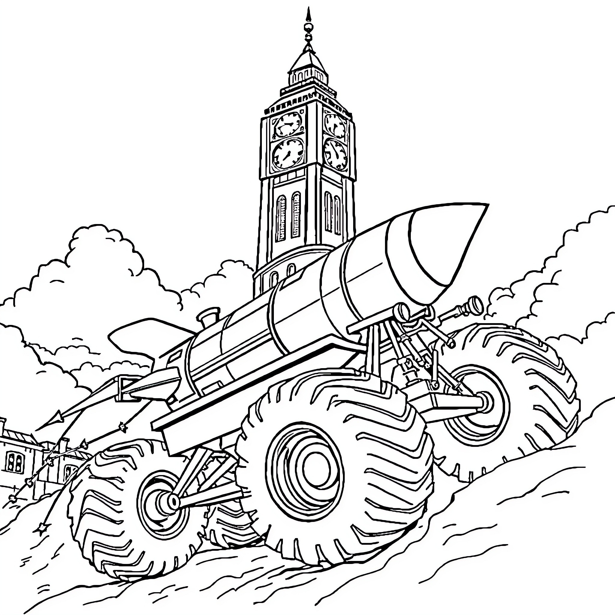 Rocket Ship Thundering Through the City Skyline Coloring Page (free black-and-white line drawing printable PDF for all, from beginners to advanced learners, including children, teens, adults, and seniors)
