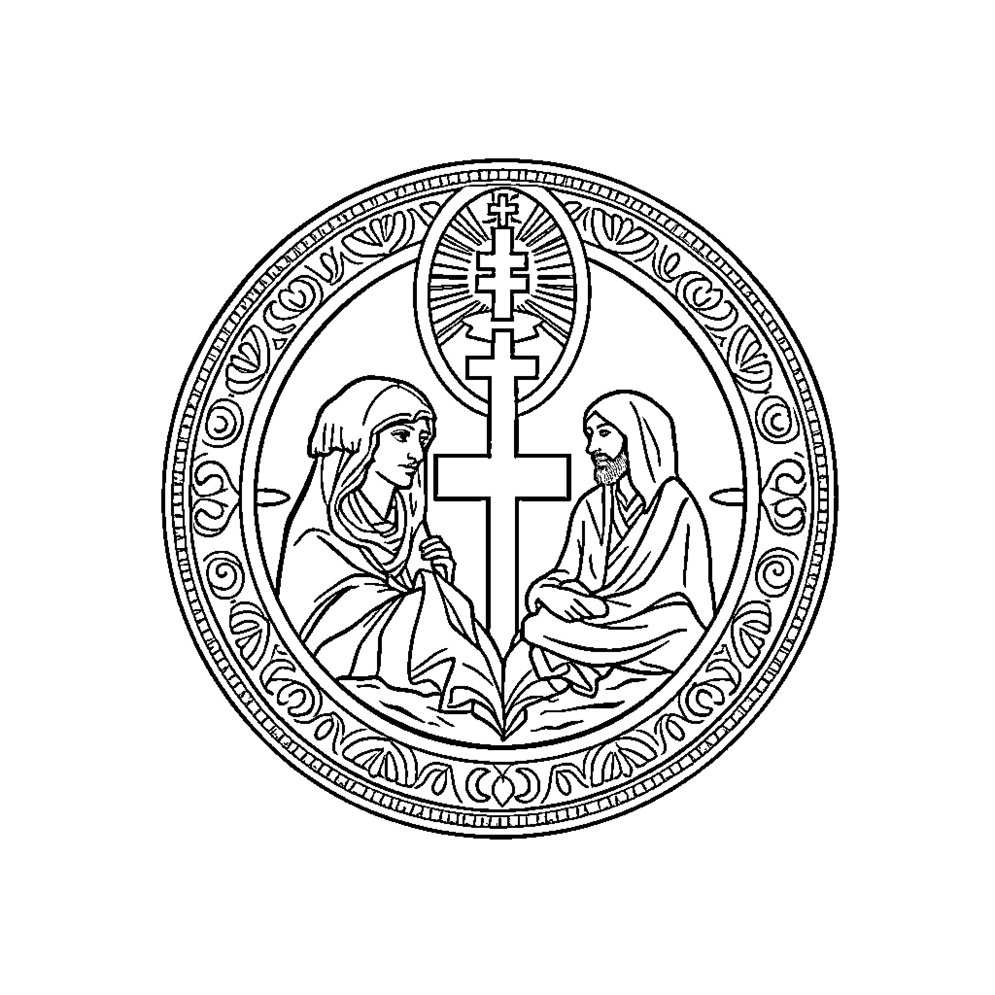 Trinity Medal: Figures with Cross and Ornamented Frame Coloring Page (free black-and-white line drawing printable PDF for all, from beginners to advanced learners, including children, teens, adults, and seniors)