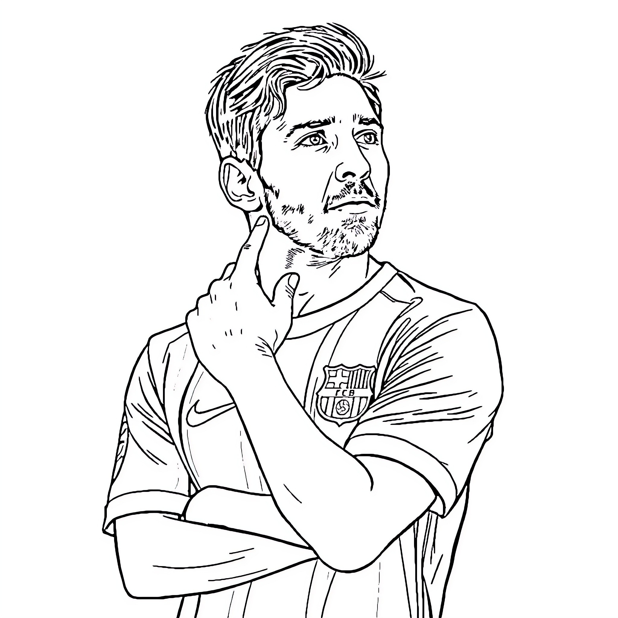 Leo Messi contemplating his next move Coloring Page (free black-and-white line drawing printable PDF for all, from beginners to advanced learners, including children, teens, adults, and seniors)