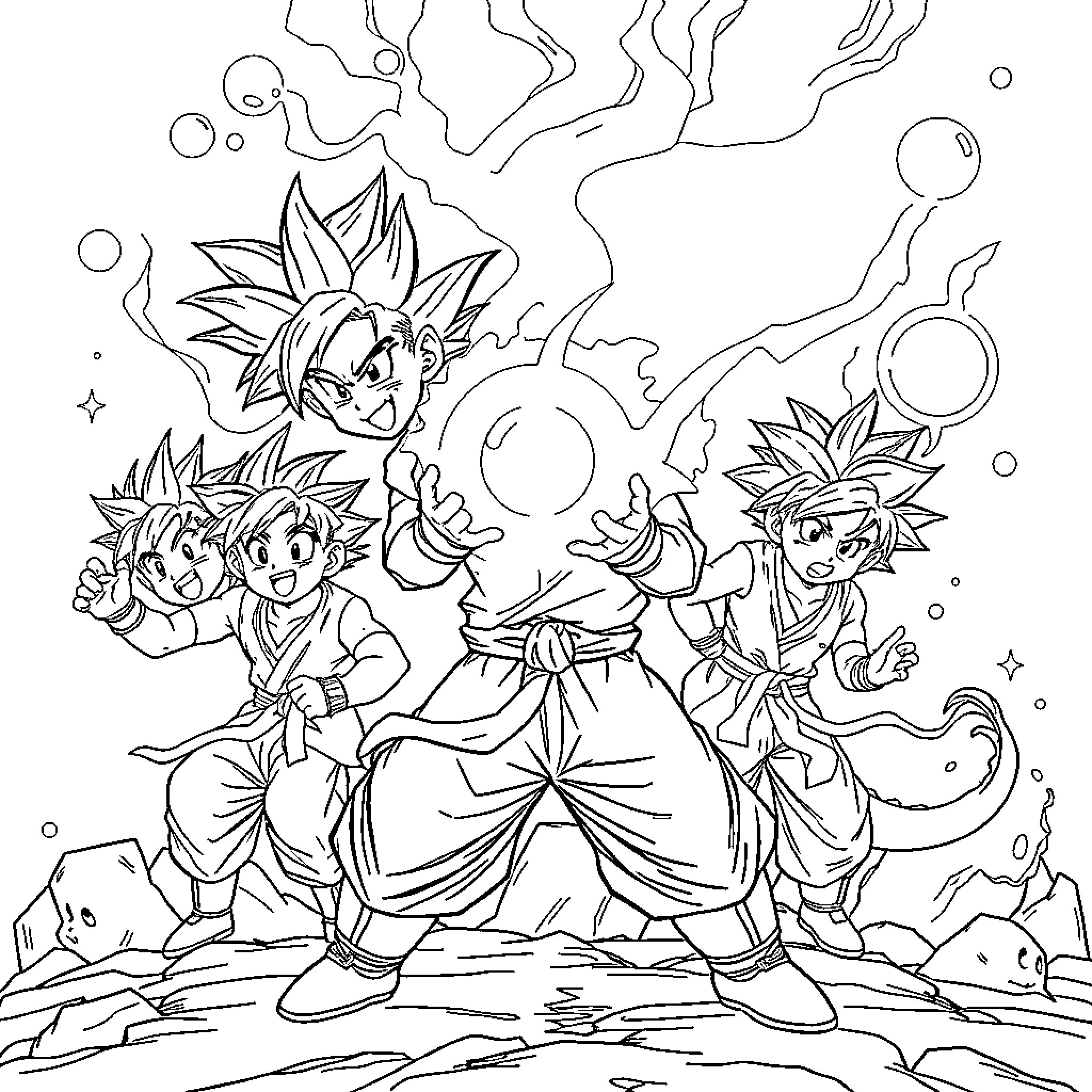 Dragonball Heroes Battling in Action Coloring Page (free black-and-white line drawing printable PDF for all, from beginners to advanced learners, including children, teens, adults, and seniors)