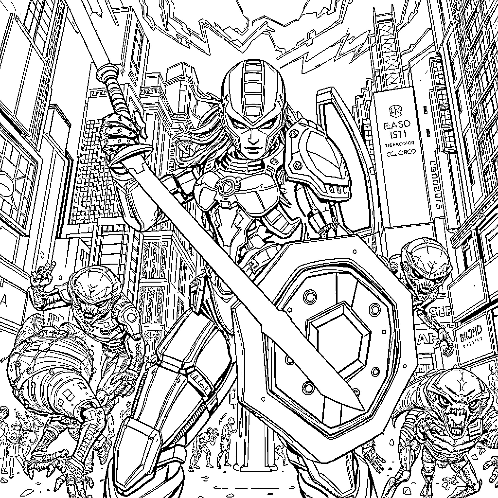 Cyborg Warrior's Heroic Stand in Futuristic City Coloring Page (free black-and-white line drawing printable PDF for all, from beginners to advanced learners, including children, teens, adults, and seniors)