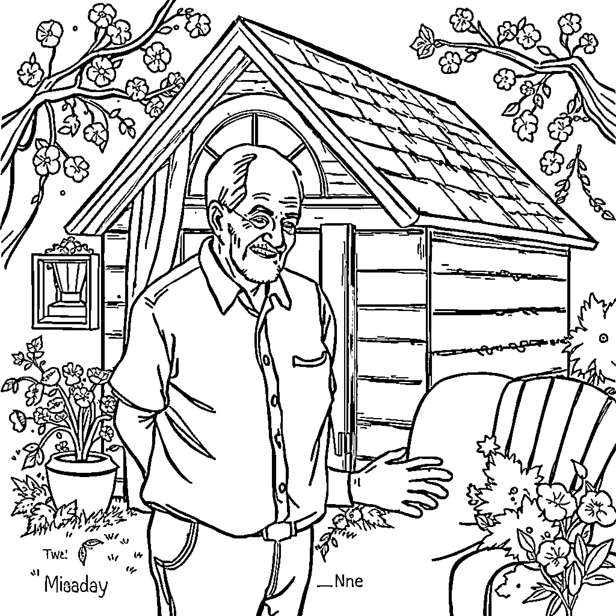 Dad's cheerful gardening in the backyard Coloring Page (free black-and-white line drawing printable PDF for all, from beginners to advanced learners, including children, teens, adults, and seniors)