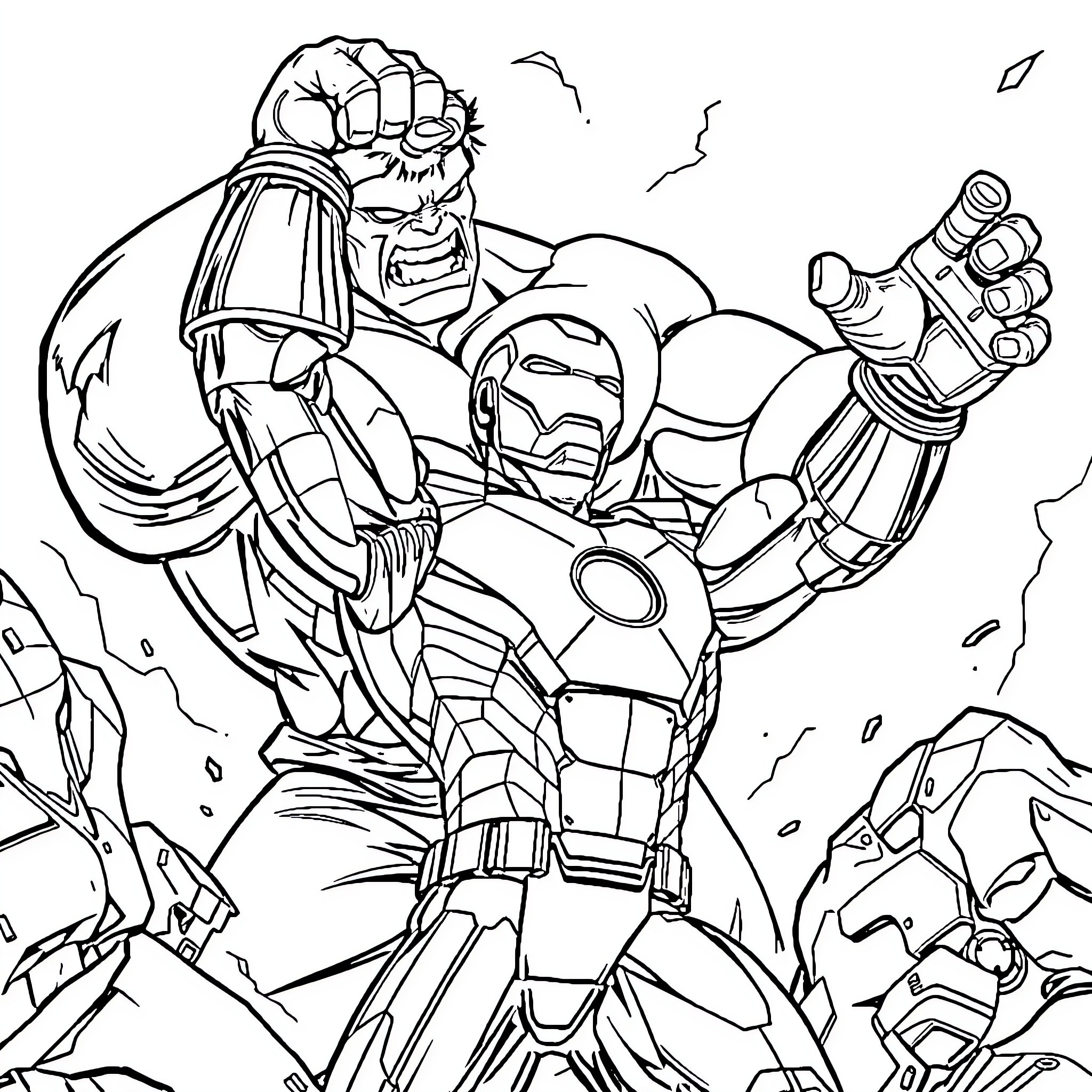 Iron Man Battles with Powerful Alien Foe Coloring Page (free black-and-white line drawing printable PDF for all, from beginners to advanced learners, including children, teens, adults, and seniors)