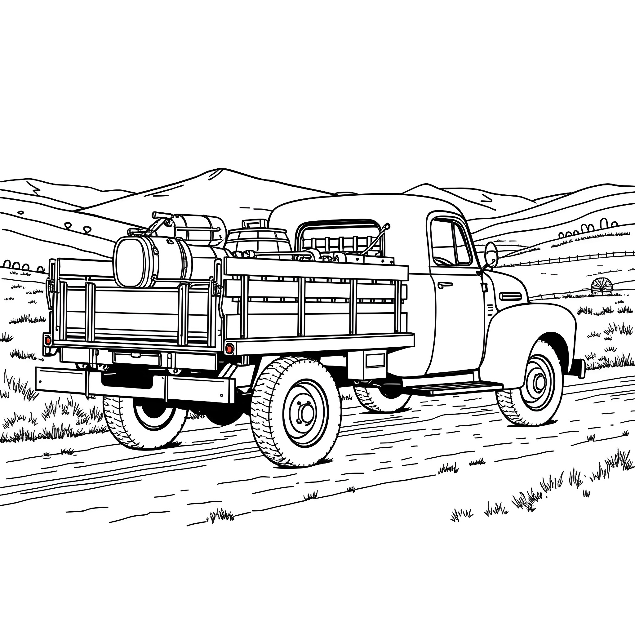 Truck transporting equipment through rural landscape Coloring Page (free black-and-white line drawing printable PDF for all, from beginners to advanced learners, including children, teens, adults, and seniors)