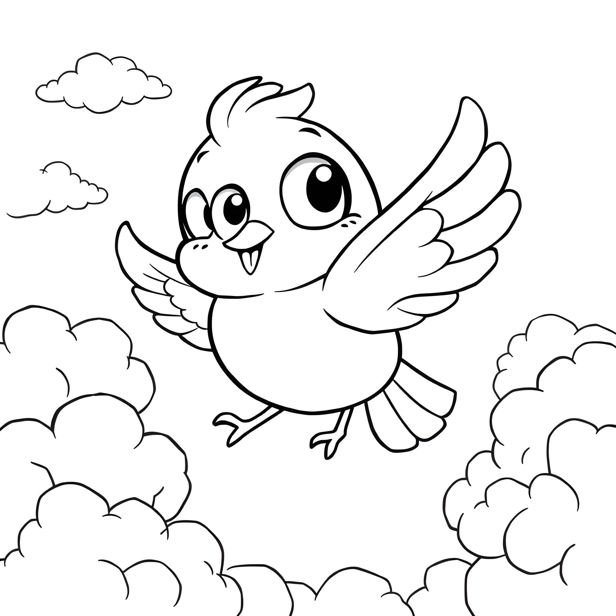 Bird flying happily in the clouds Coloring Page (free black-and-white line drawing printable PDF for all, from beginners to advanced learners, including children, teens, adults, and seniors)