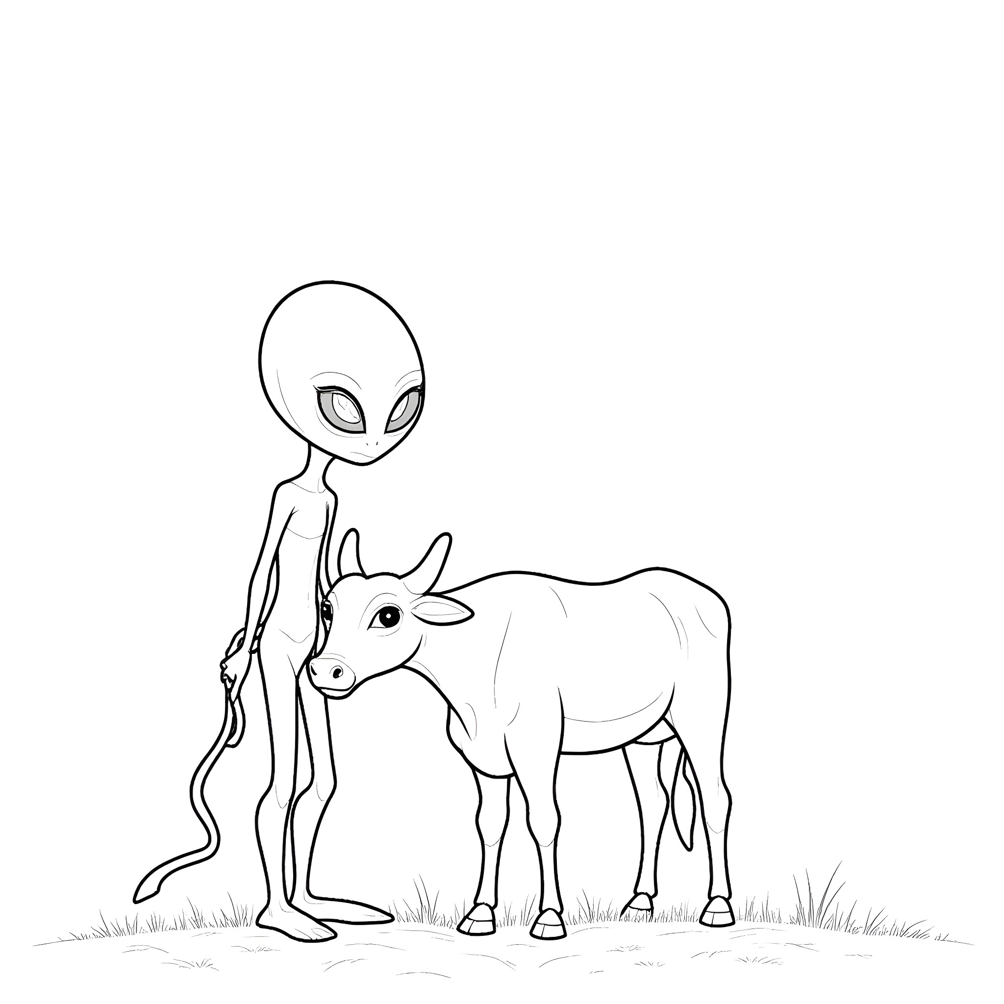 Alien befriending a strange creature Coloring Page (free black-and-white line drawing printable PDF for all, from beginners to advanced learners, including children, teens, adults, and seniors)