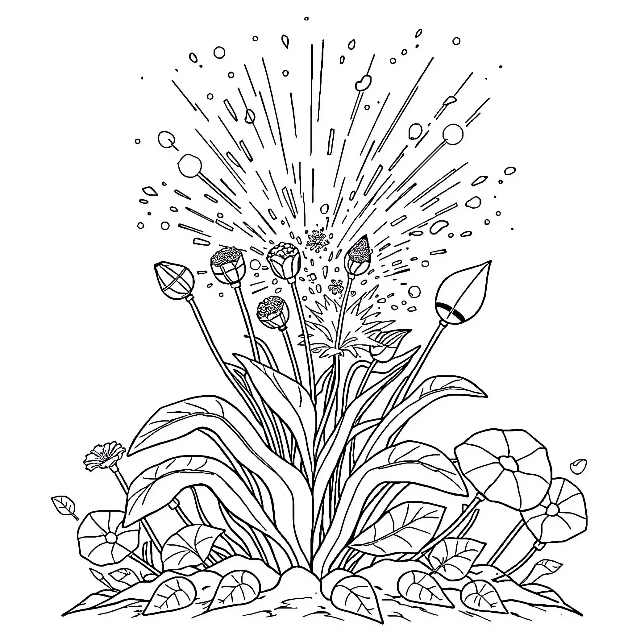 Plant Explosion of Blooming Flowers and Foliage Coloring Page (free black-and-white line drawing printable PDF for all, from beginners to advanced learners, including children, teens, adults, and seniors)
