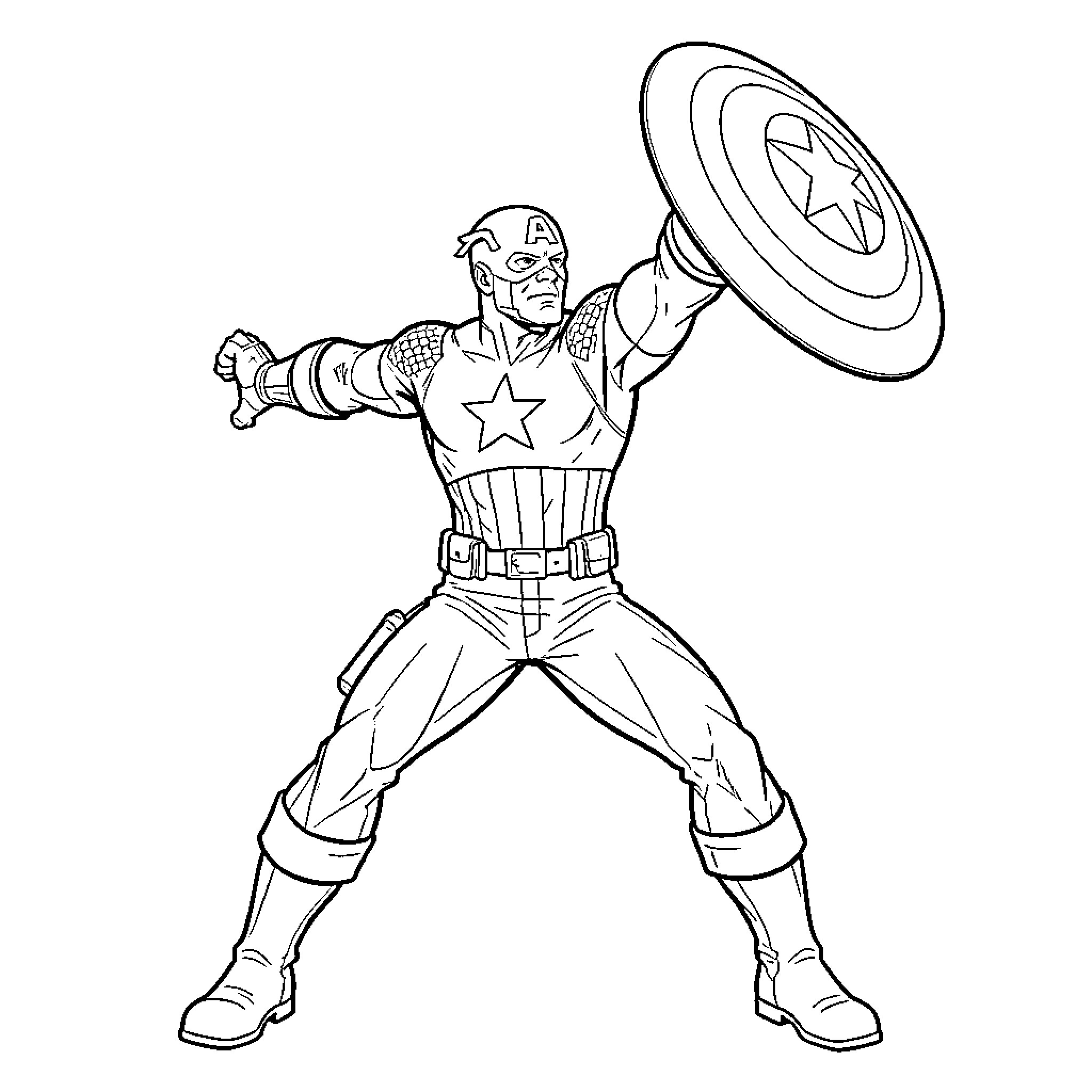 Captain America holding shield in a powerful pose Coloring Page (free black-and-white line drawing printable PDF for all, from beginners to advanced learners, including children, teens, adults, and seniors)