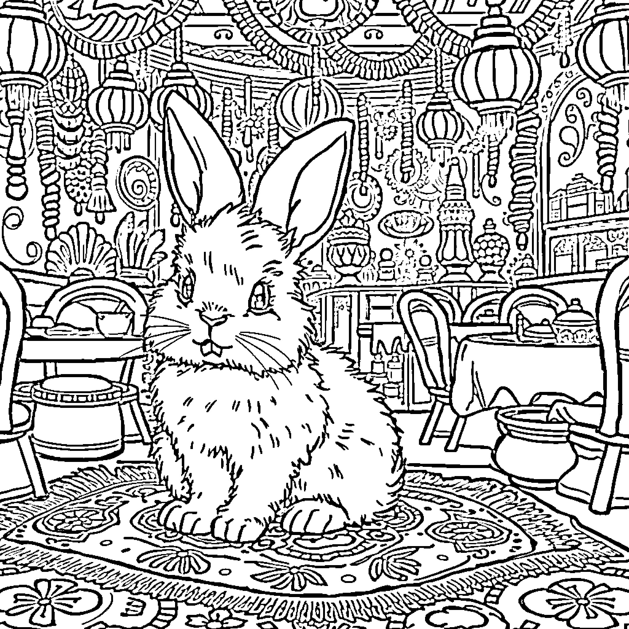 Bunny in a Whimsical Wonderland Coloring Page (free black-and-white line drawing printable PDF for all, from beginners to advanced learners, including children, teens, adults, and seniors)