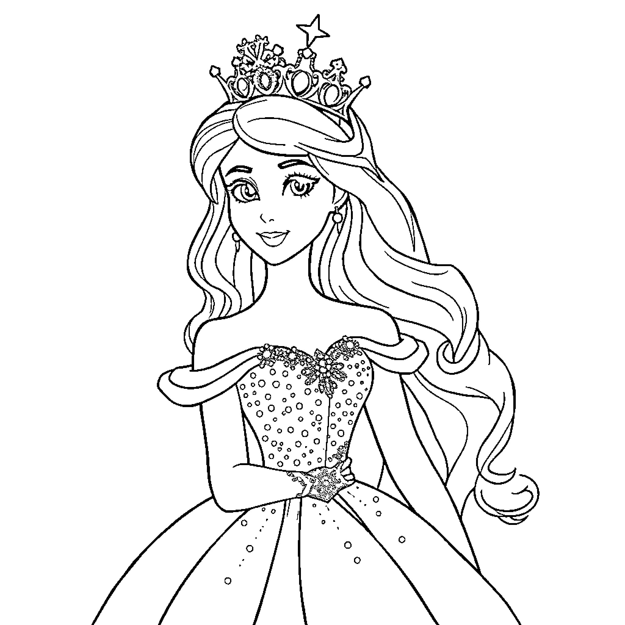 Princess in Sparkling Formal Attire and Crown Coloring Page (free black-and-white line drawing printable PDF for all, from beginners to advanced learners, including children, teens, adults, and seniors)