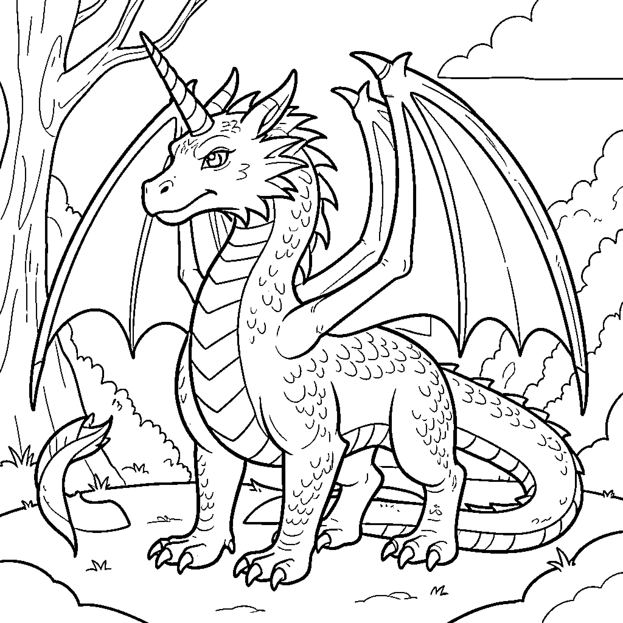 Unicorn-Dragon standing calmly in a natural landscape Coloring Page (free black-and-white line drawing printable PDF for all, from beginners to advanced learners, including children, teens, adults, and seniors)