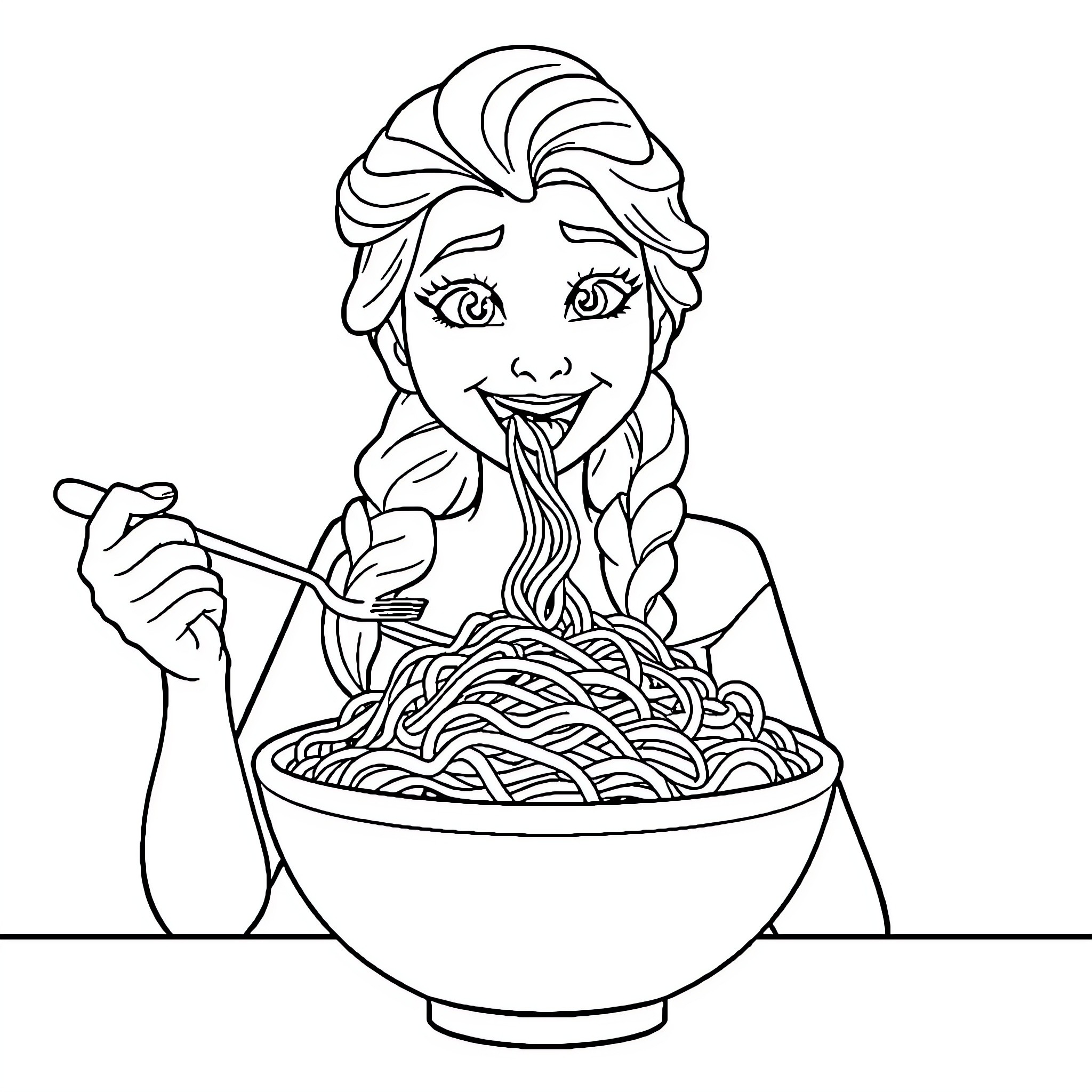 Elsa enjoying a delicious bowl of spaghetti Coloring Page (free black-and-white line drawing printable PDF for all, from beginners to advanced learners, including children, teens, adults, and seniors)