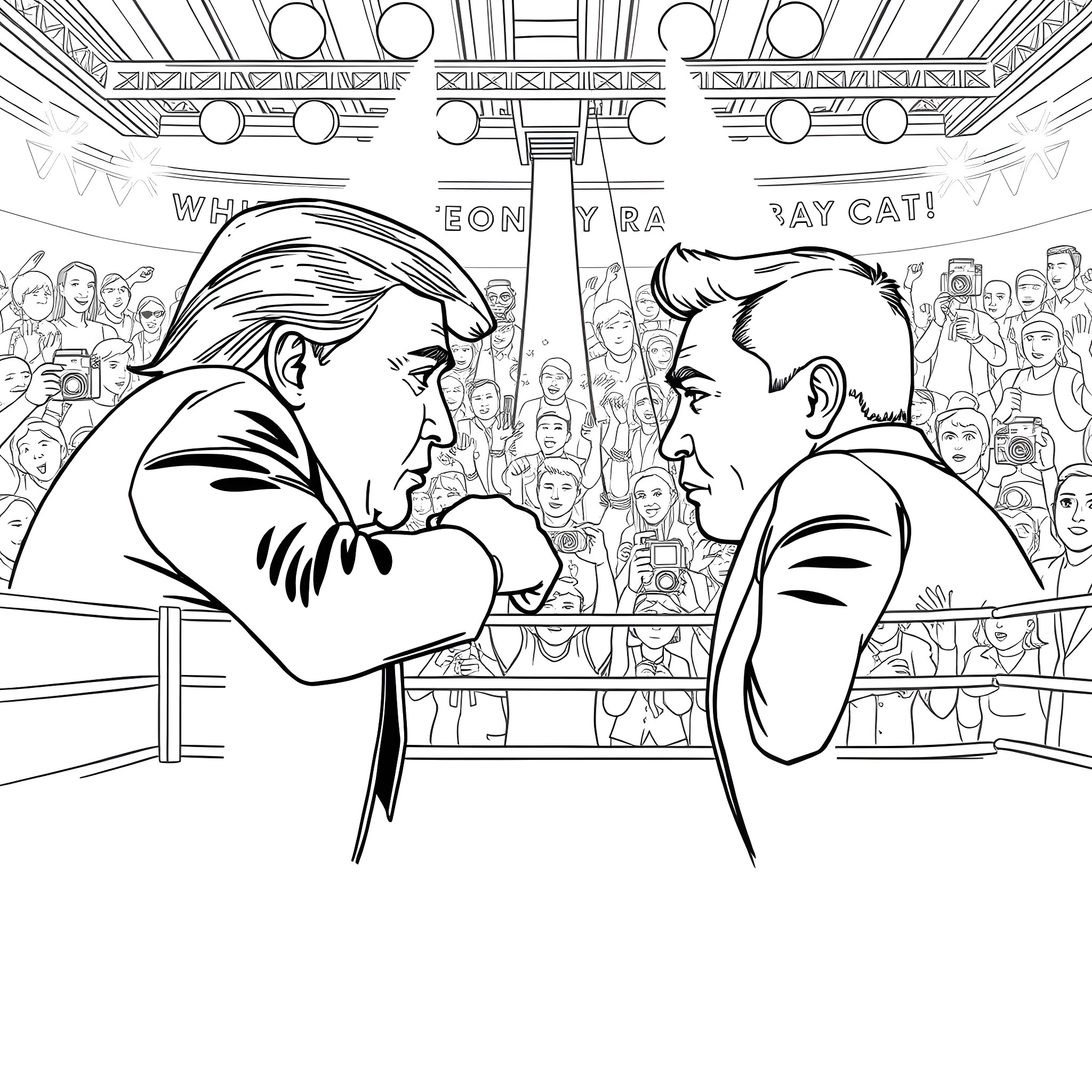 Donald Trump Confronting an Opponent at a Boxing Match Coloring Page (free black-and-white line drawing printable PDF for all, from beginners to advanced learners, including children, teens, adults, and seniors)