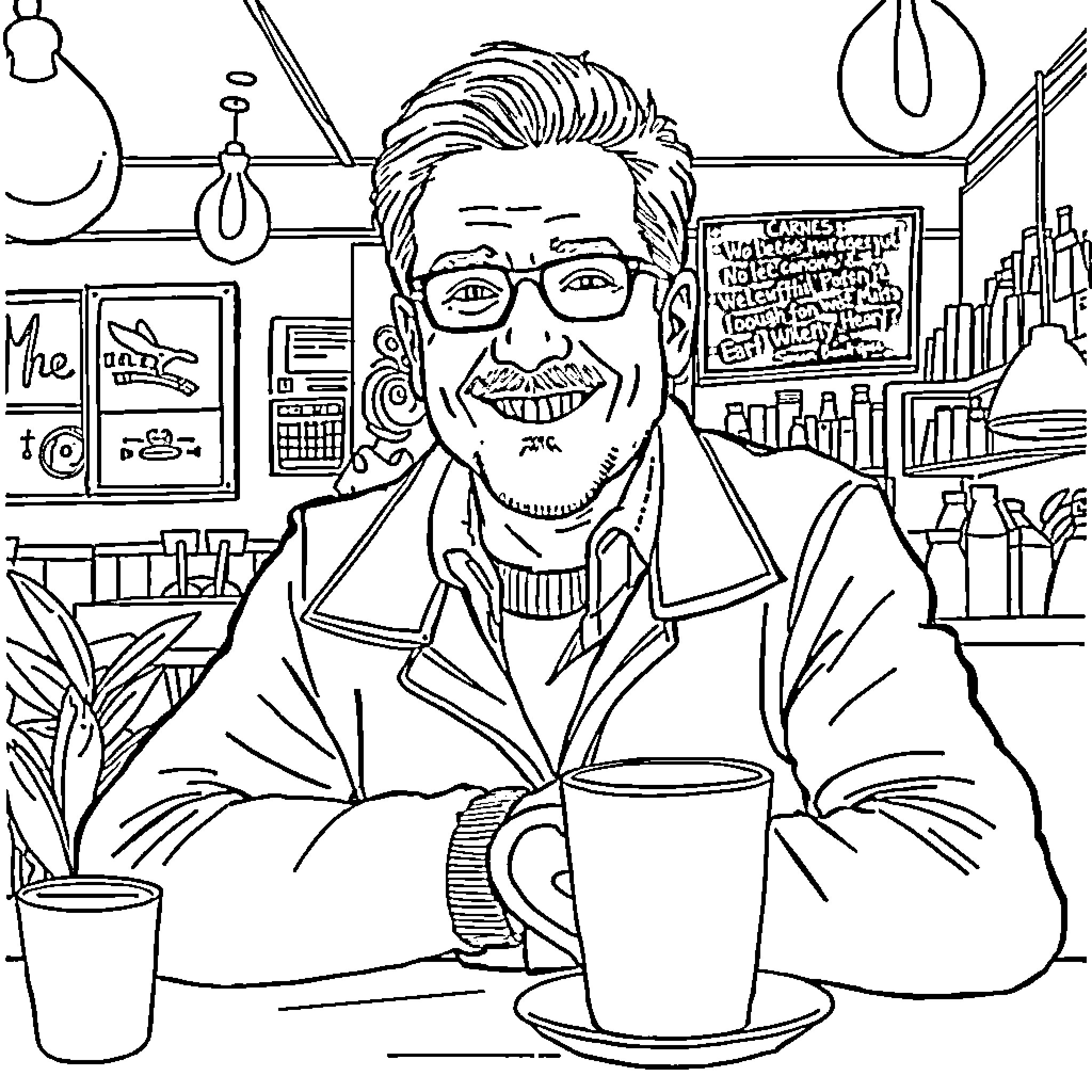 Denis Bibeau enjoying a hot beverage in his cozy home office Coloring Page (free black-and-white line drawing printable PDF for all, from beginners to advanced learners, including children, teens, adults, and seniors)