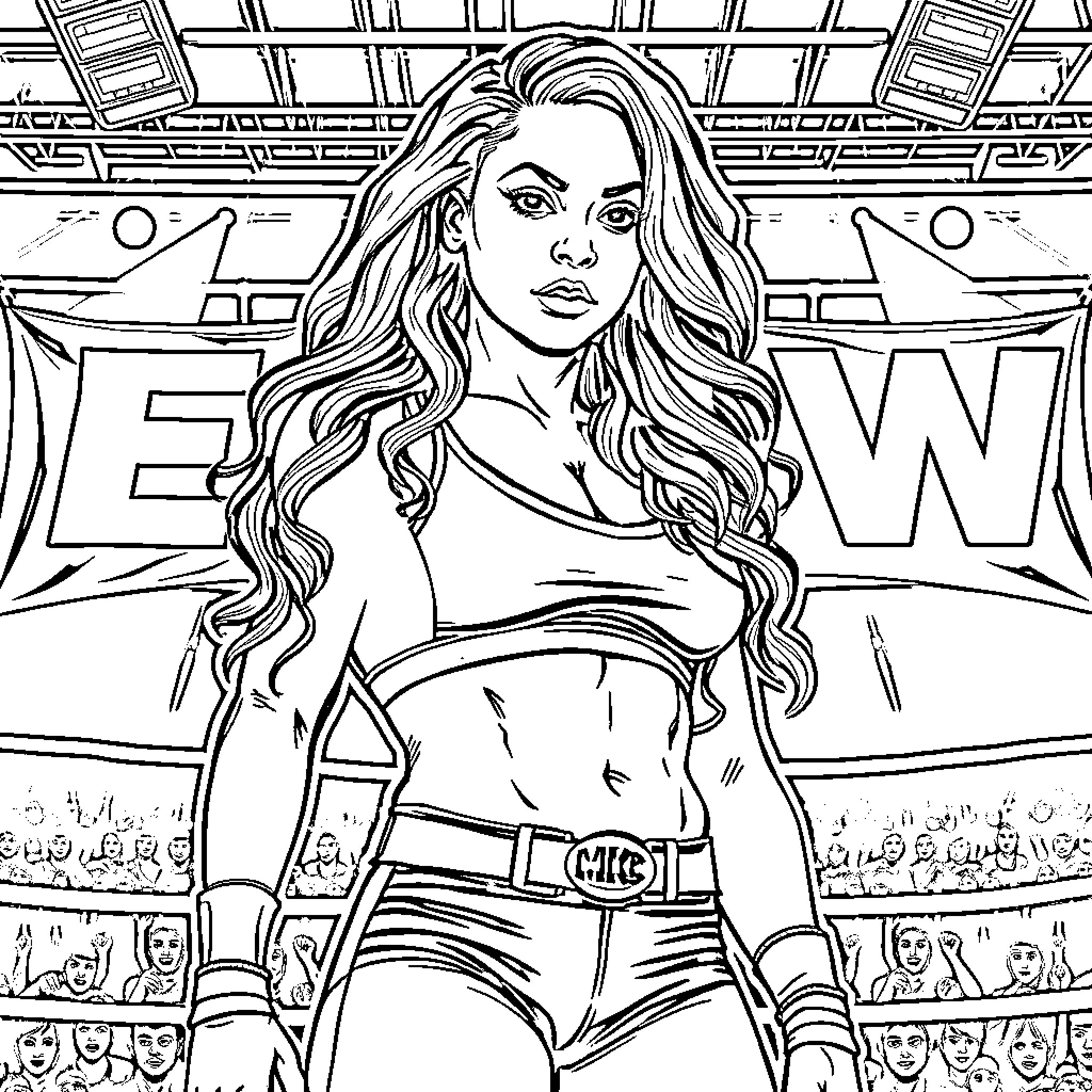Pro Wrestler in Intense Pose on the Ring Coloring Page (free black-and-white line drawing printable PDF for all, from beginners to advanced learners, including children, teens, adults, and seniors)