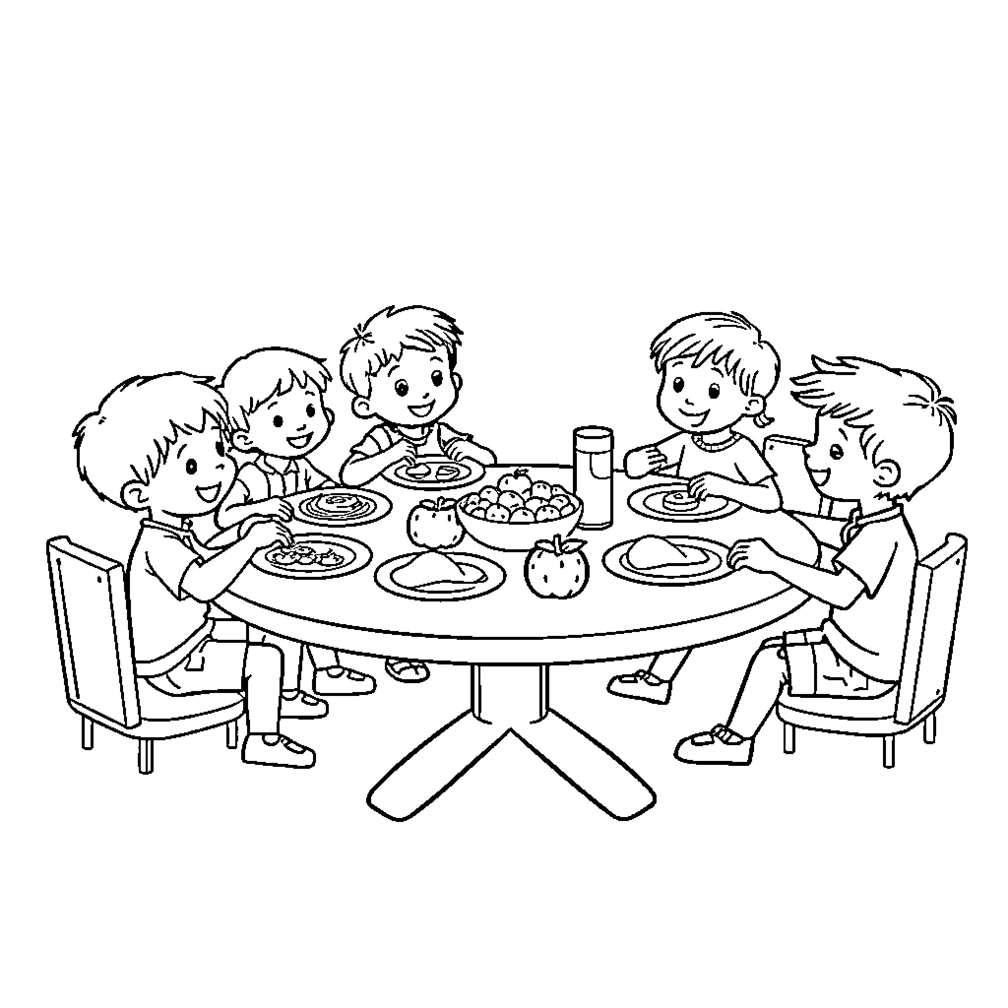 Child Family Enjoying Thanksgiving Meal Together Coloring Page (free black-and-white line drawing printable PDF for all, from beginners to advanced learners, including children, teens, adults, and seniors)