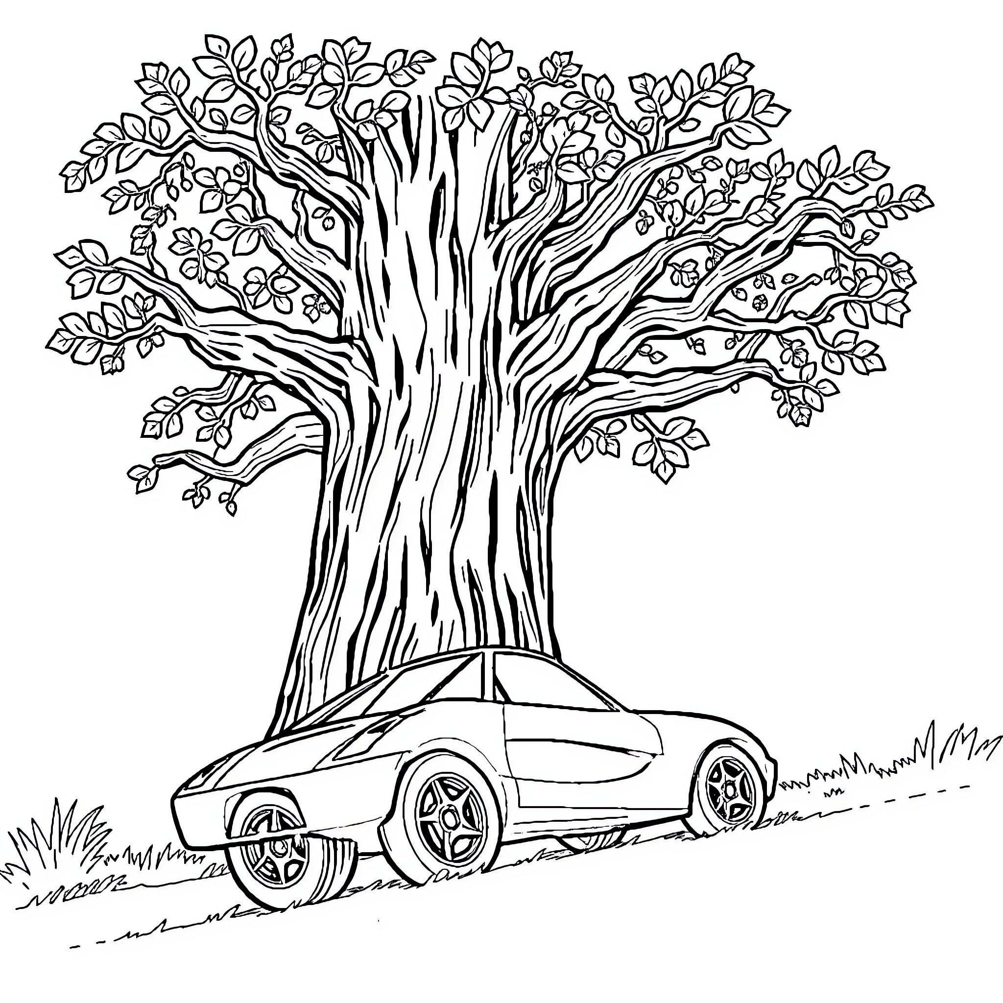 Tree providing shade over parked car Coloring Page (free black-and-white line drawing printable PDF for all, from beginners to advanced learners, including children, teens, adults, and seniors)
