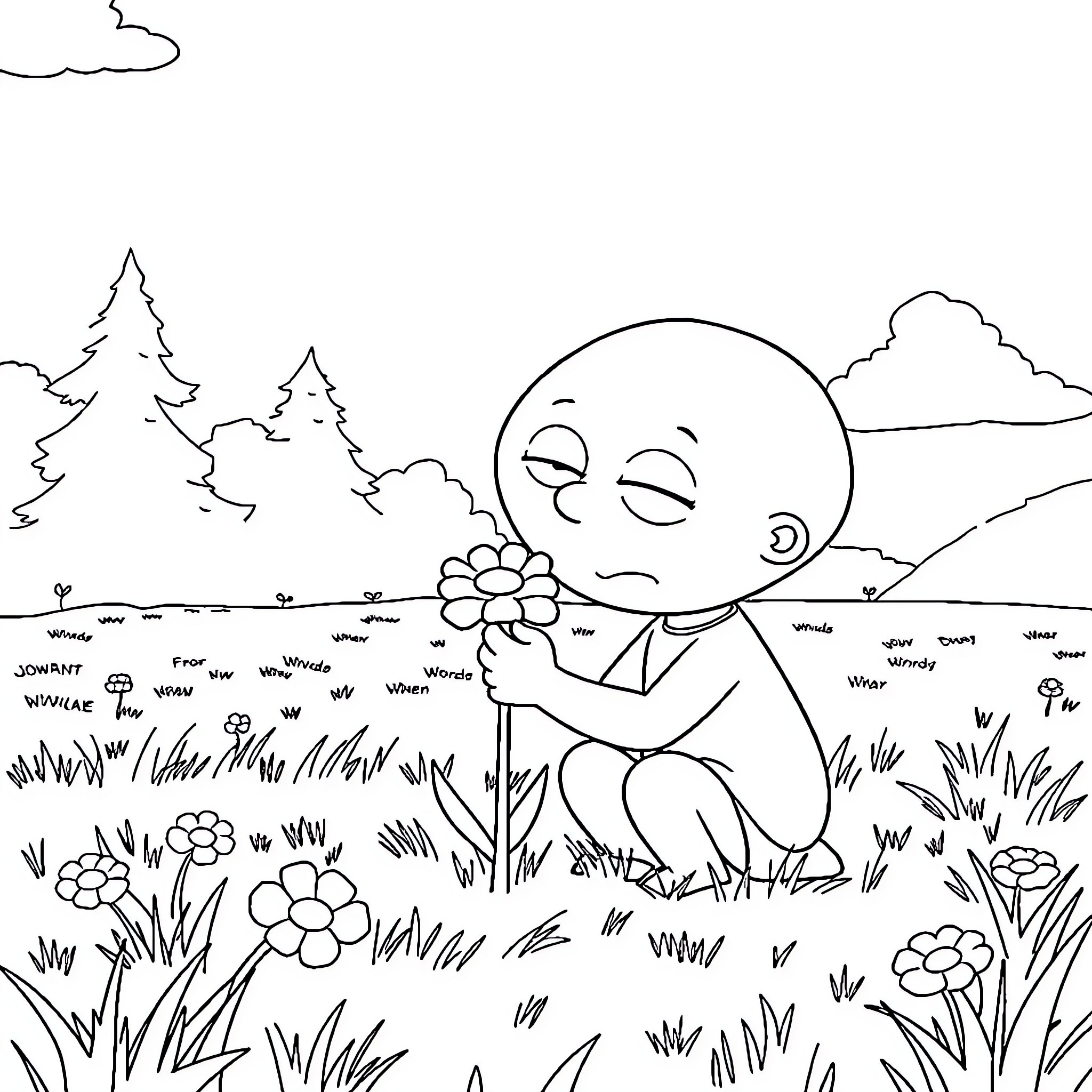Stewie smiling and holding a flower in nature Coloring Page (free black-and-white line drawing printable PDF for all, from beginners to advanced learners, including children, teens, adults, and seniors)