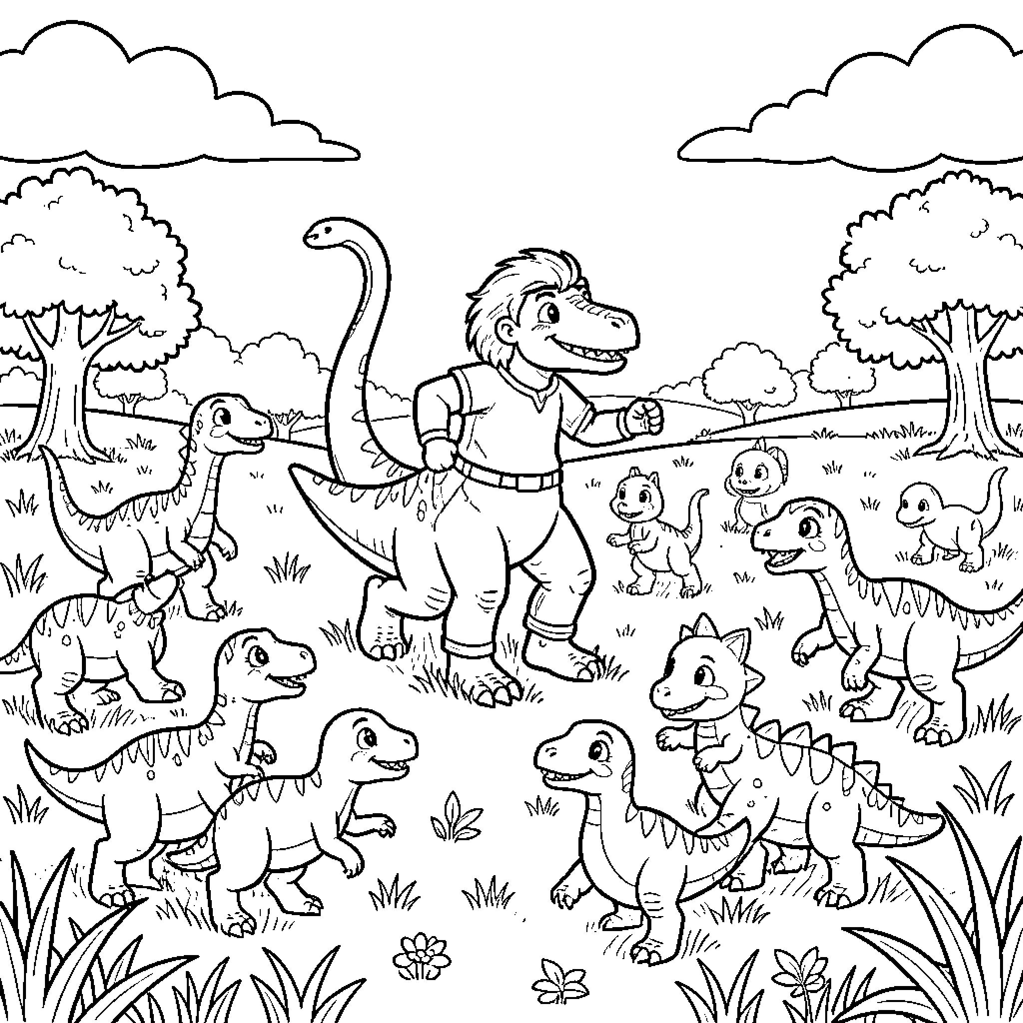 Chase of excitement among friendly cartoon dinosaurs Coloring Page (free black-and-white line drawing printable PDF for all, from beginners to advanced learners, including children, teens, adults, and seniors)