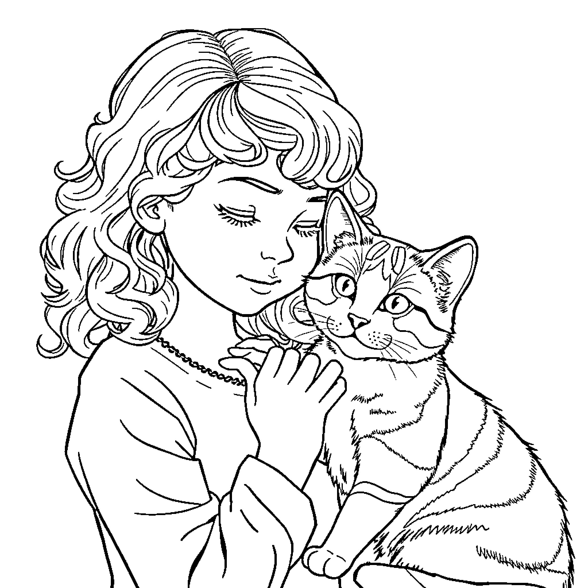 Girl Cuddling Affectionate Cat Coloring Page (free black-and-white line drawing printable PDF for all, from beginners to advanced learners, including children, teens, adults, and seniors)