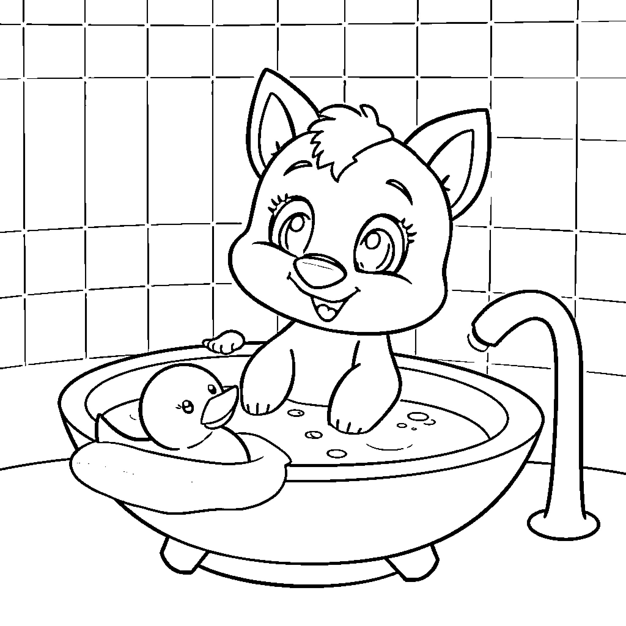 Bingo Kitten Playing in Bathtub Coloring Page (free black-and-white line drawing printable PDF for all, from beginners to advanced learners, including children, teens, adults, and seniors)
