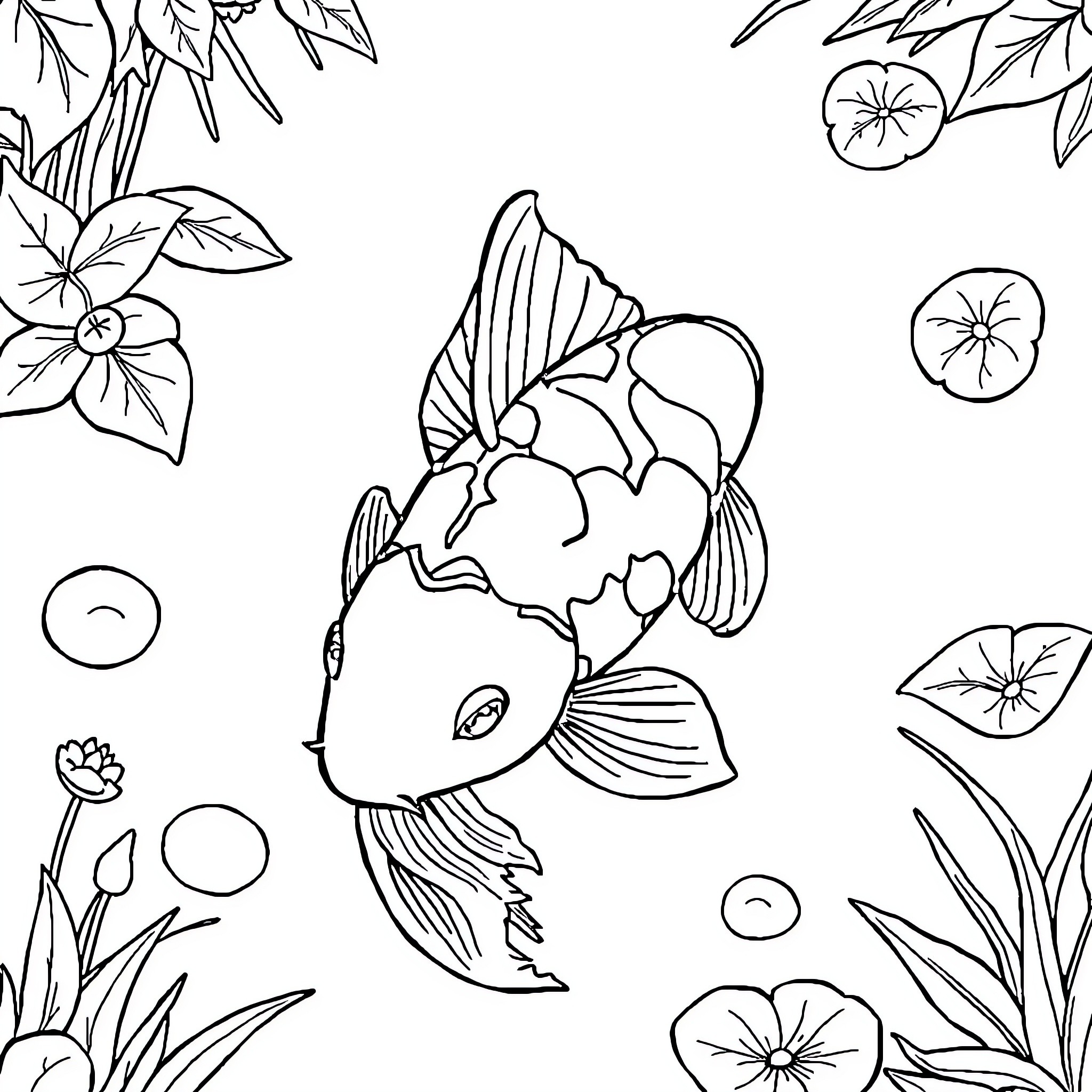 Koi swimming amidst floral elements Coloring Page (free black-and-white line drawing printable PDF for all, from beginners to advanced learners, including children, teens, adults, and seniors)