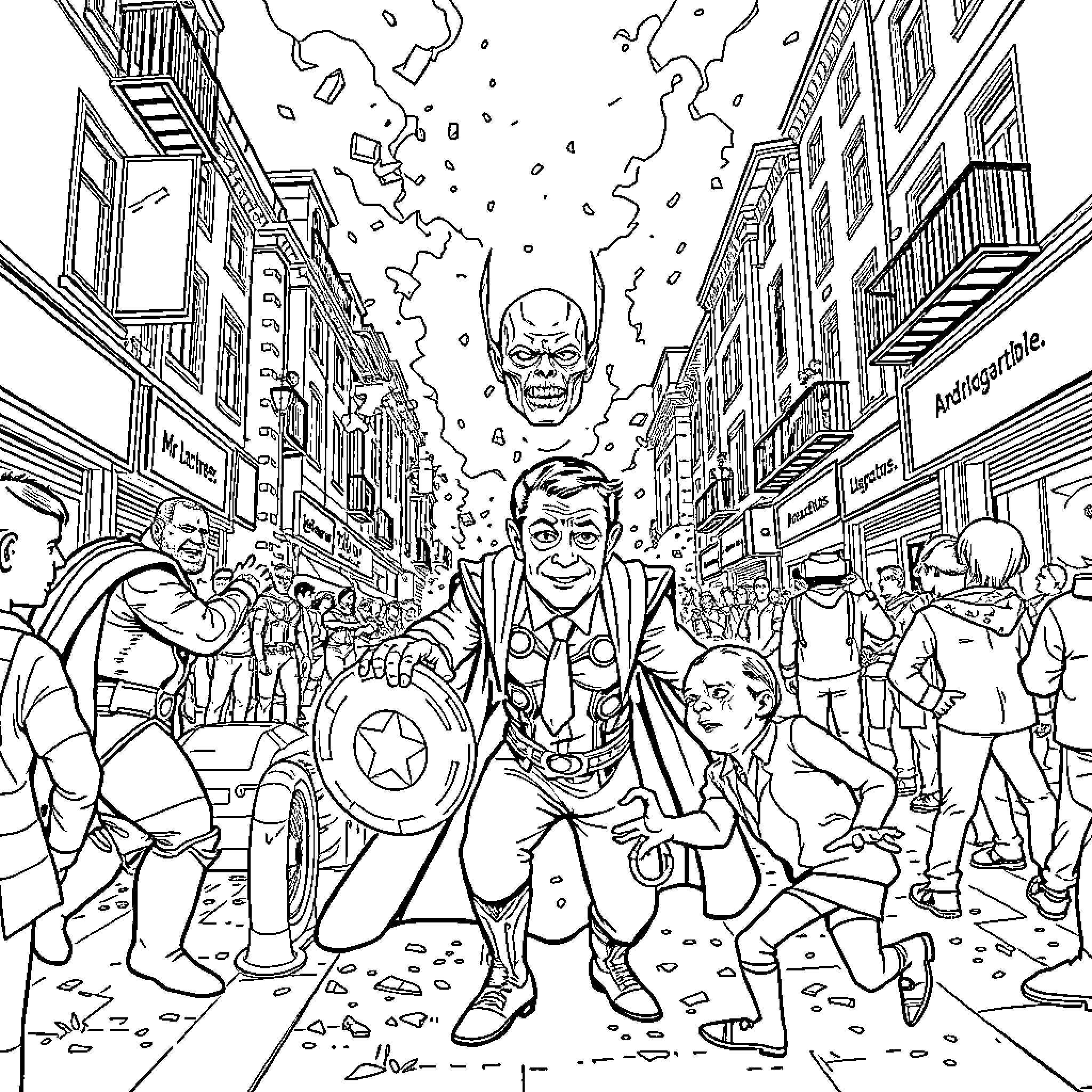 Thor's Reckoning: A Chaotic Showdown in the City Coloring Page (free black-and-white line drawing printable PDF for all, from beginners to advanced learners, including children, teens, adults, and seniors)