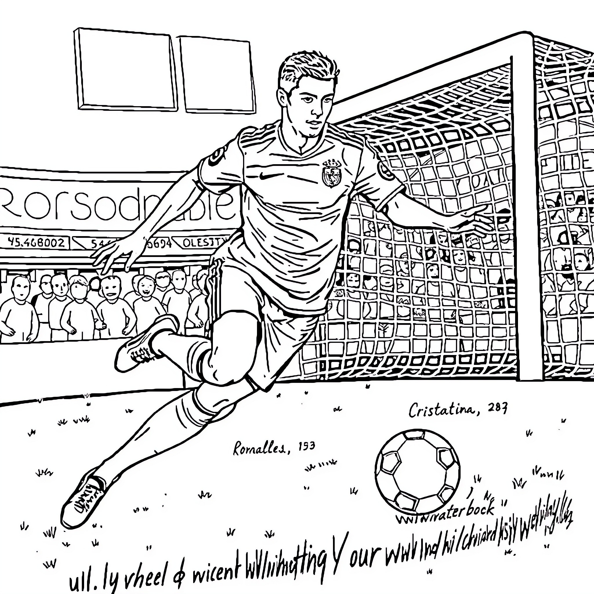 Cristiano Ronaldo kicking a soccer ball on the field Coloring Page (free black-and-white line drawing printable PDF for all, from beginners to advanced learners, including children, teens, adults, and seniors)