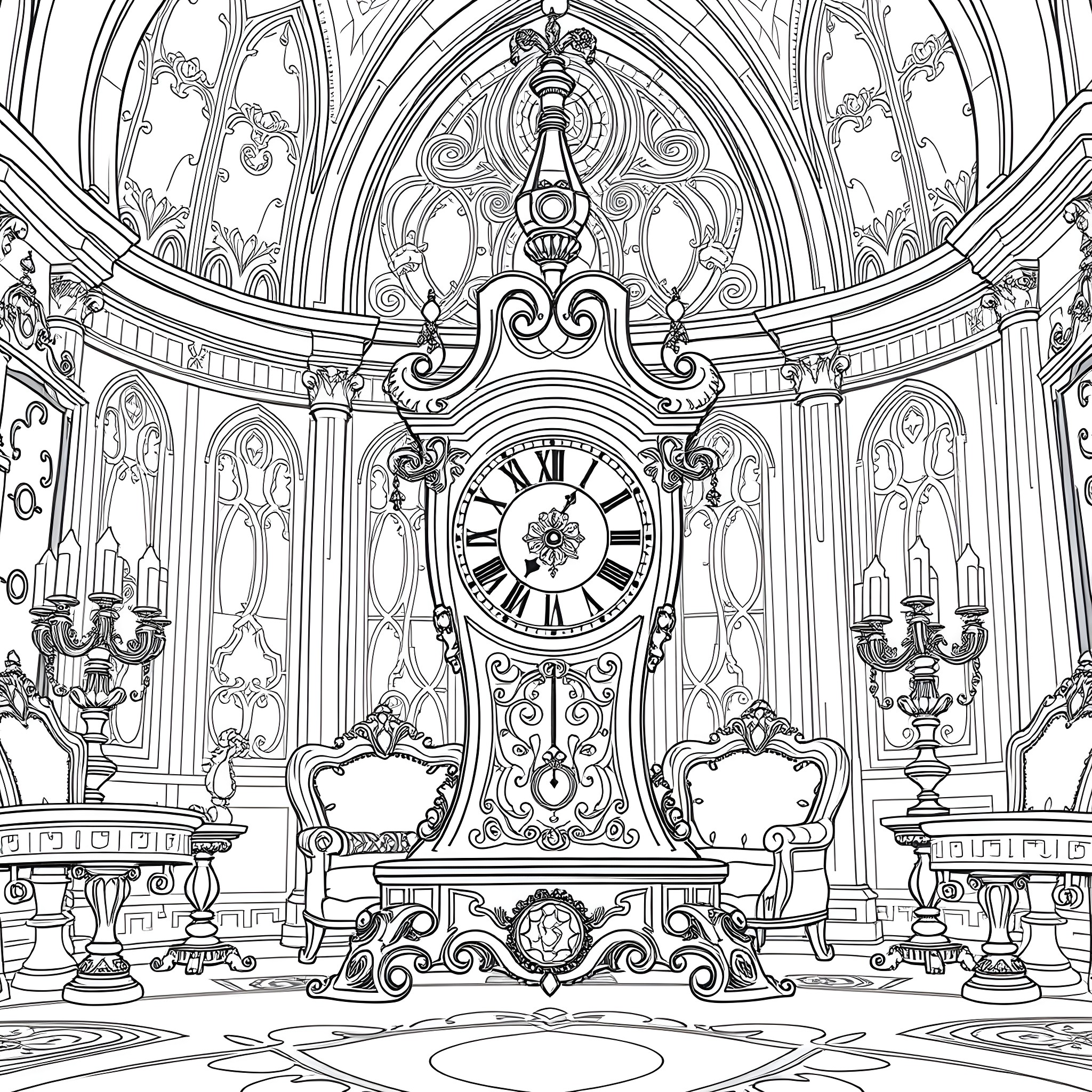 Cogsworth in an ornate, grandiose clock room Coloring Page (free black-and-white line drawing printable PDF for all, from beginners to advanced learners, including children, teens, adults, and seniors)