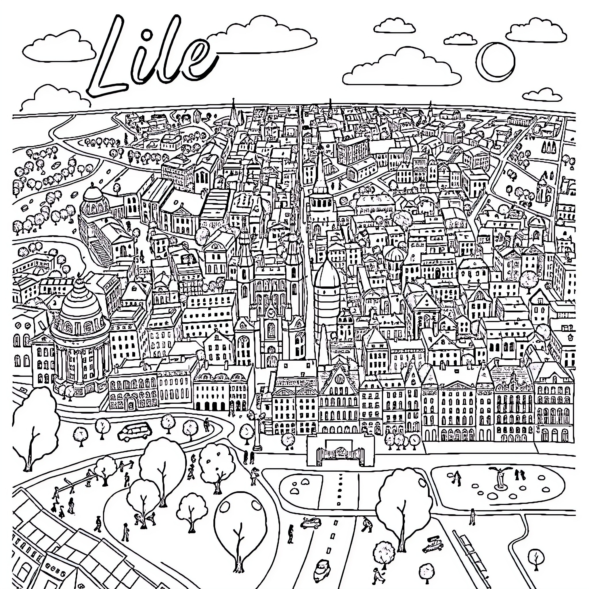 Map of a lively, diverse cityscape Coloring Page (free black-and-white line drawing printable PDF for all, from beginners to advanced learners, including children, teens, adults, and seniors)