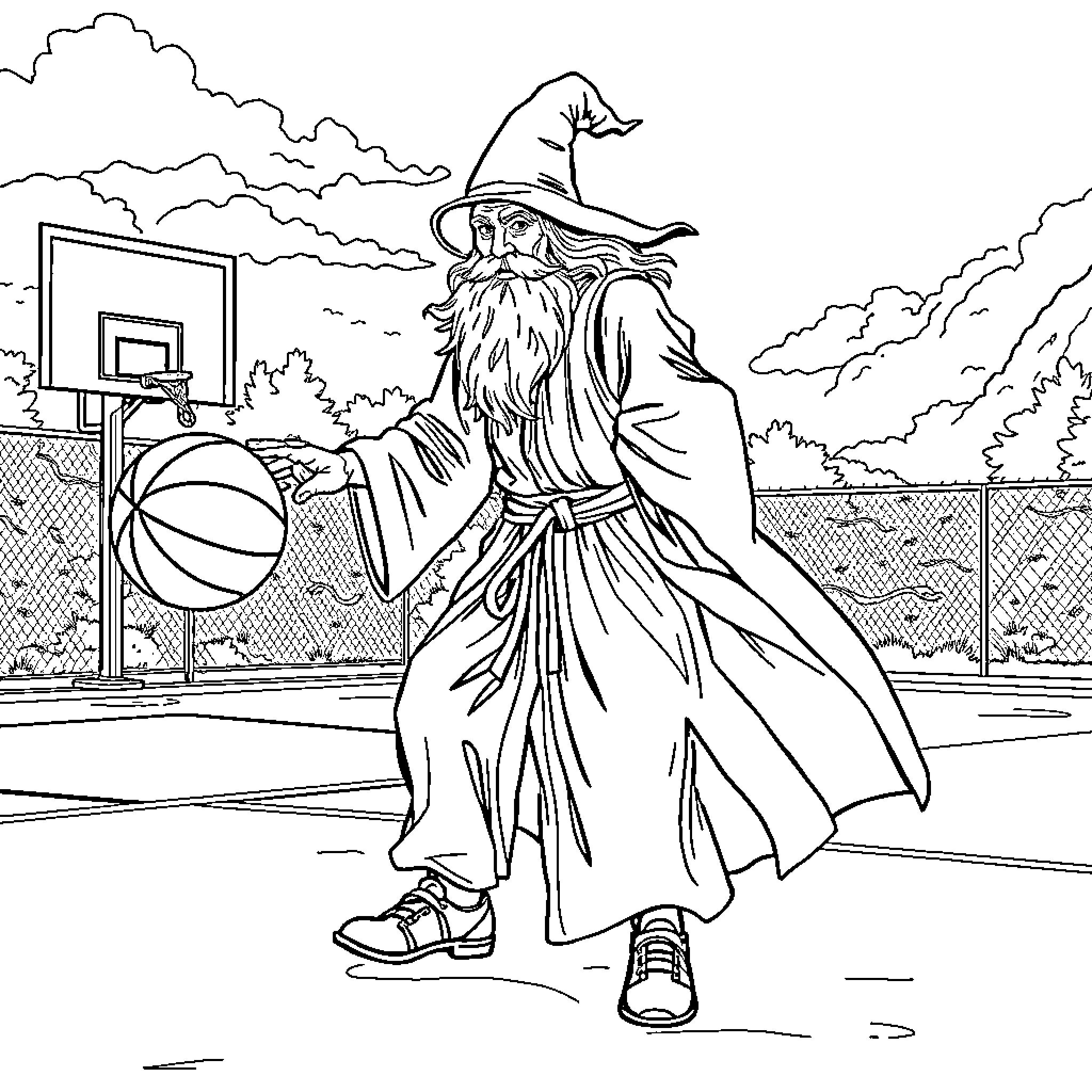 Gandalf Playing Basketball on a Cloudy Day Coloring Page (free black-and-white line drawing printable PDF for all, from beginners to advanced learners, including children, teens, adults, and seniors)