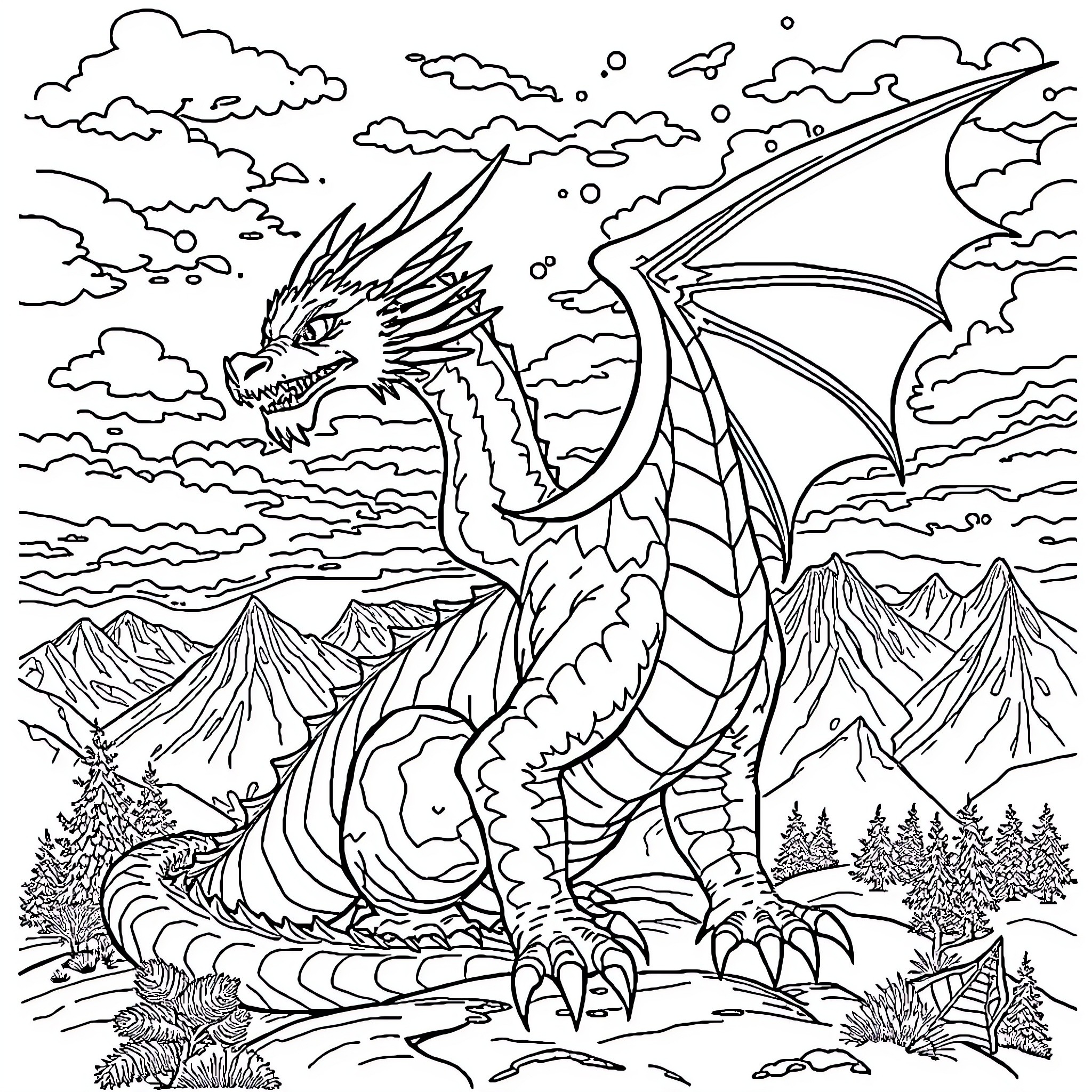 Dragon soaring majestically in the mountainous landscape Coloring Page (free black-and-white line drawing printable PDF for all, from beginners to advanced learners, including children, teens, adults, and seniors)