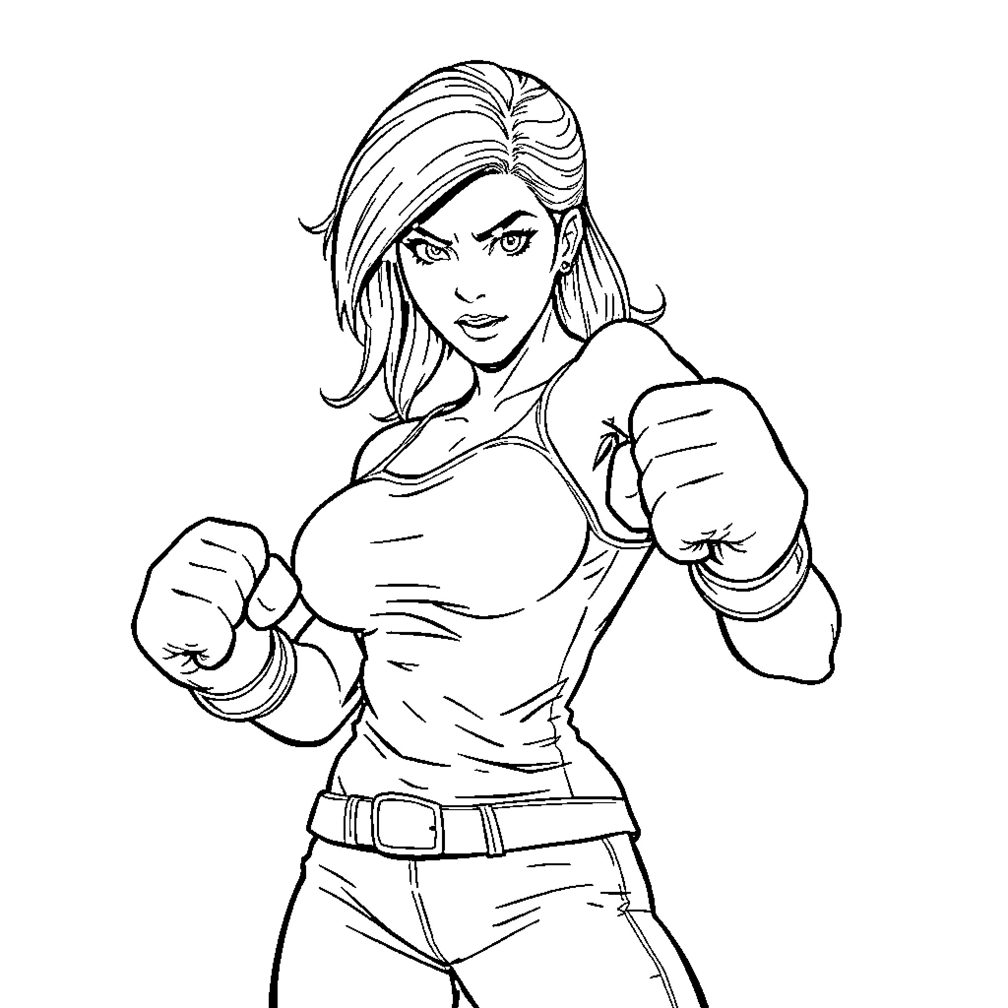 Jill Valentine in fighting stance with determined expression Coloring Page (free black-and-white line drawing printable PDF for all, from beginners to advanced learners, including children, teens, adults, and seniors)