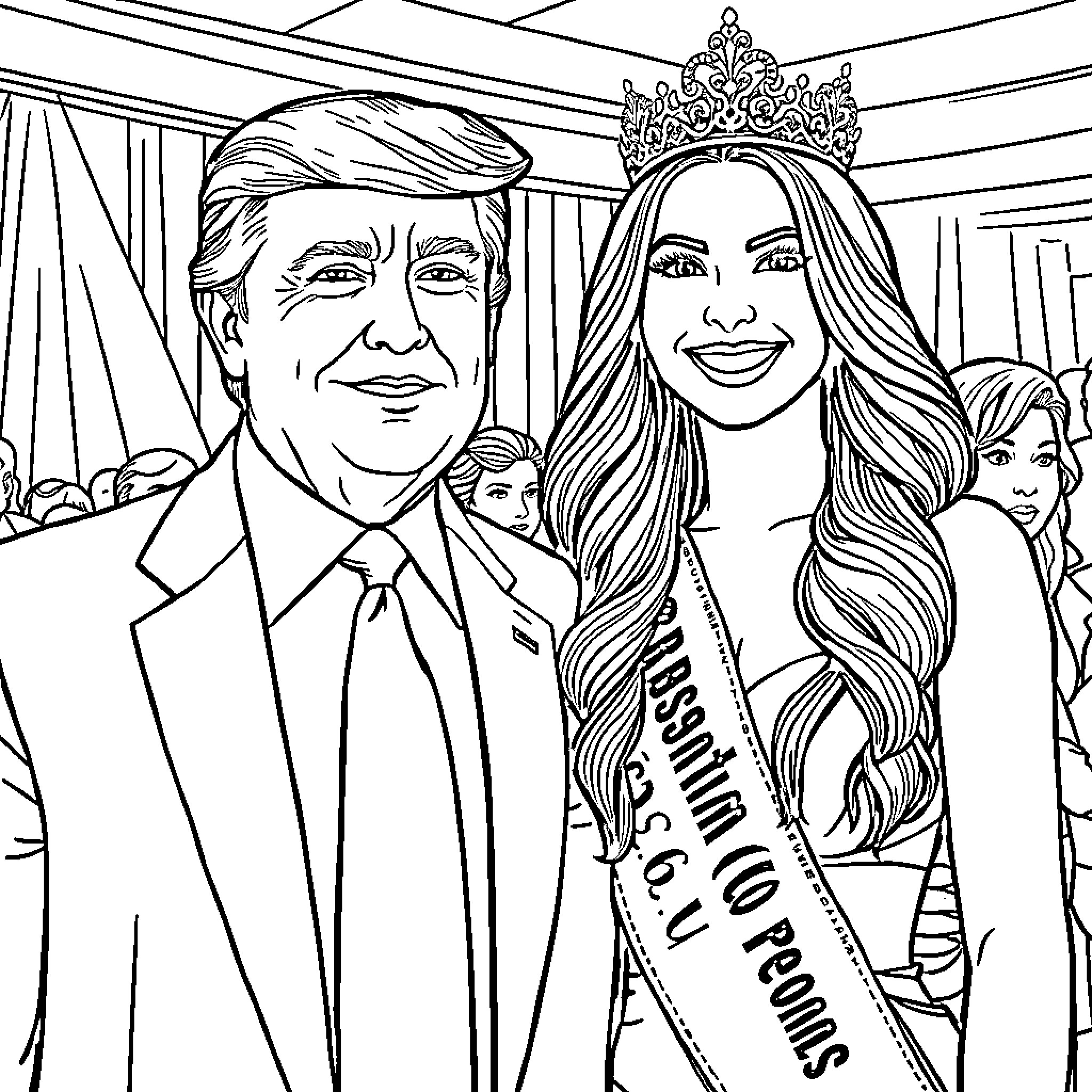 Trump posing with Miss Universe contestant Coloring Page (free black-and-white line drawing printable PDF for all, from beginners to advanced learners, including children, teens, adults, and seniors)
