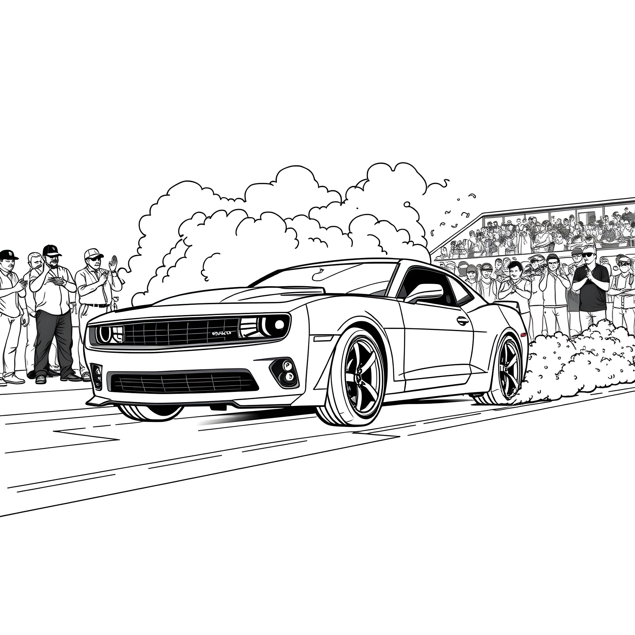 Camaro racing through the crowd at an event Coloring Page (free black-and-white line drawing printable PDF for all, from beginners to advanced learners, including children, teens, adults, and seniors)