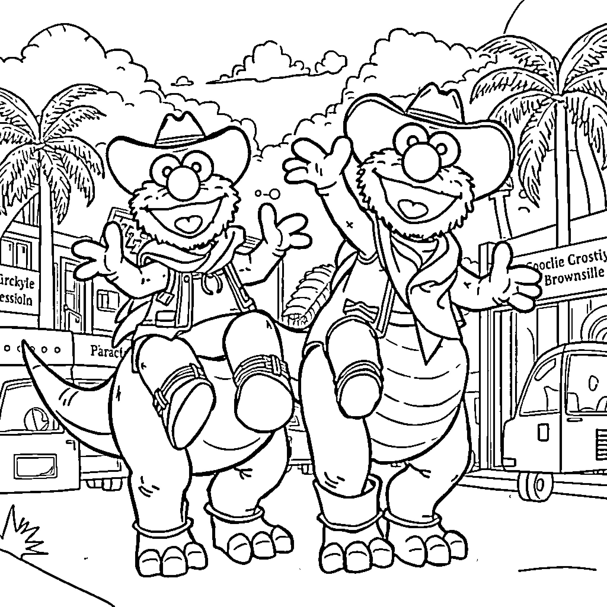 Elmo and friends on a tropical vacation Coloring Page (free black-and-white line drawing printable PDF for all, from beginners to advanced learners, including children, teens, adults, and seniors)