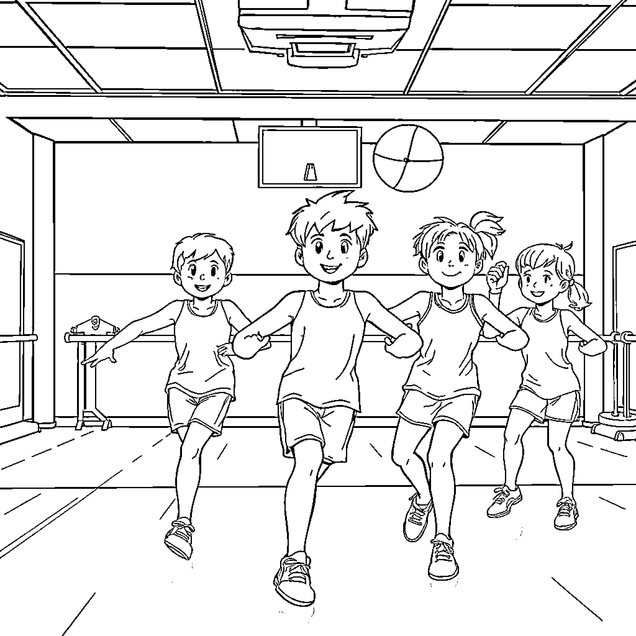 Child friends playing and running in the classroom Coloring Page (free black-and-white line drawing printable PDF for all, from beginners to advanced learners, including children, teens, adults, and seniors)