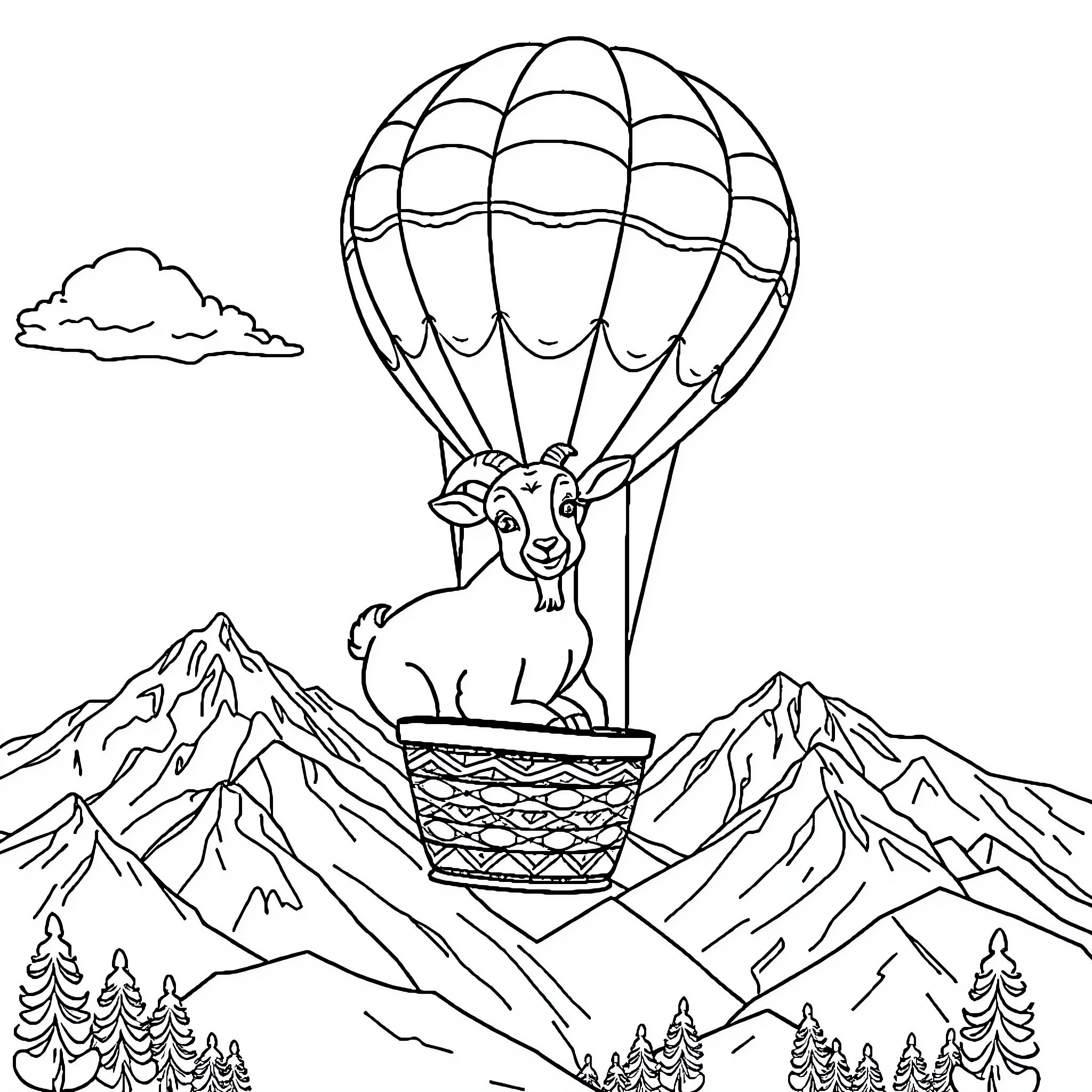 Goat soaring in a hot air balloon over the mountains Coloring Page (free black-and-white line drawing printable PDF for all, from beginners to advanced learners, including children, teens, adults, and seniors)