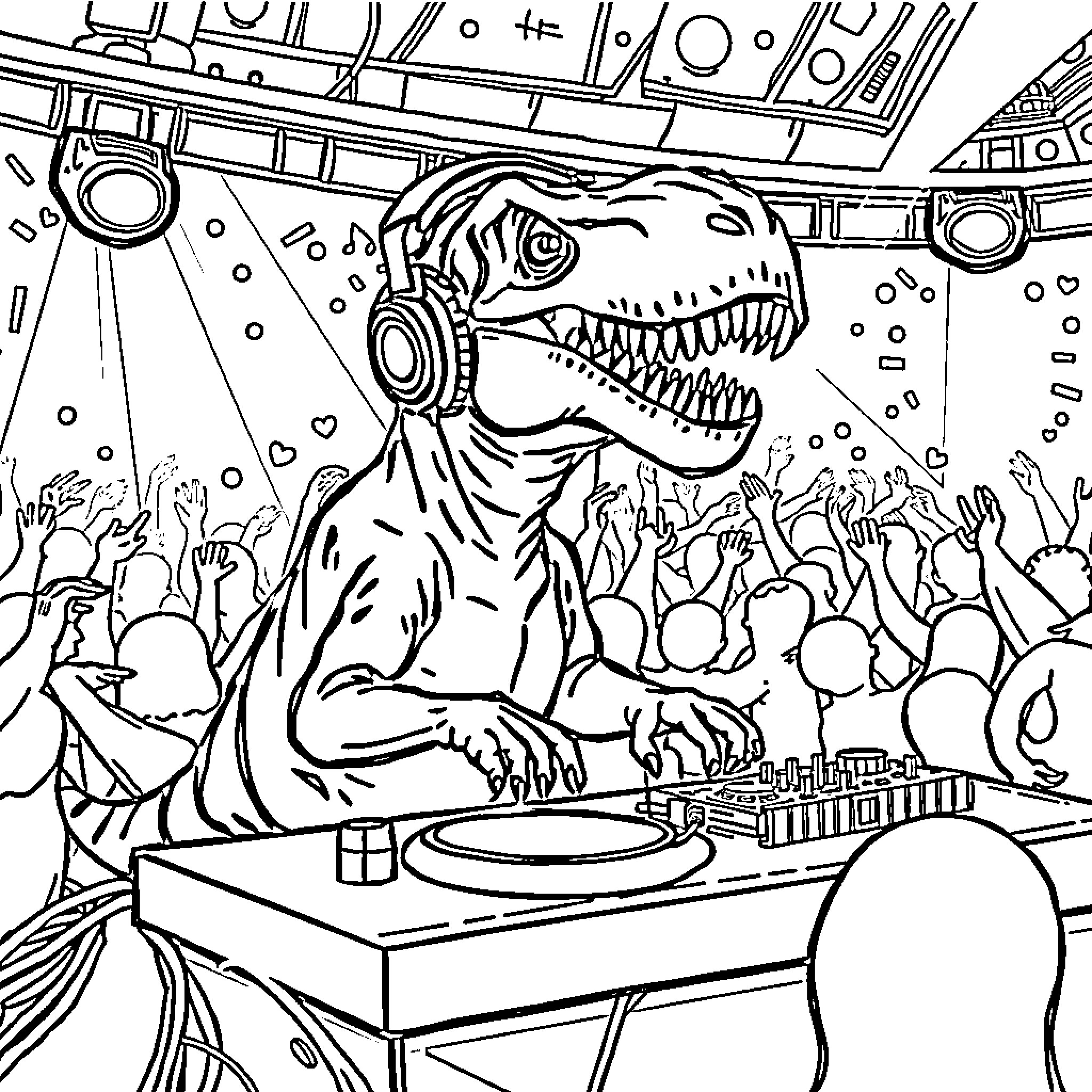 T-Rex DJ rocking the dance floor with excited crowd Coloring Page (free black-and-white line drawing printable PDF for all, from beginners to advanced learners, including children, teens, adults, and seniors)