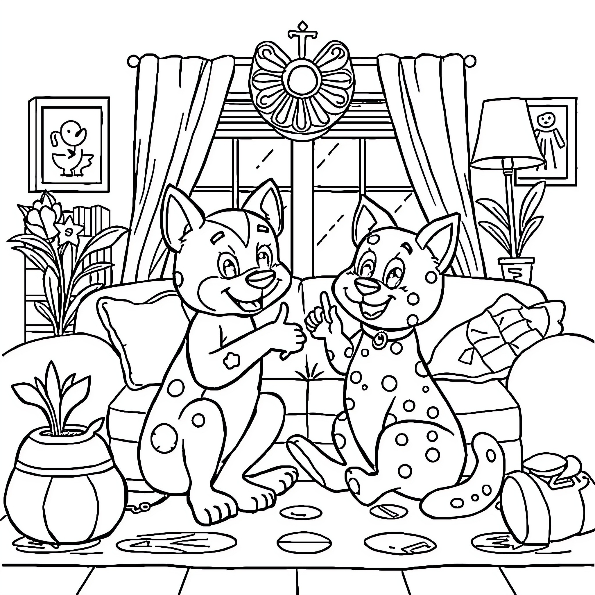 Bluey and Friends Enjoying a Cozy Indoor Scene Coloring Page (free black-and-white line drawing printable PDF for all, from beginners to advanced learners, including children, teens, adults, and seniors)